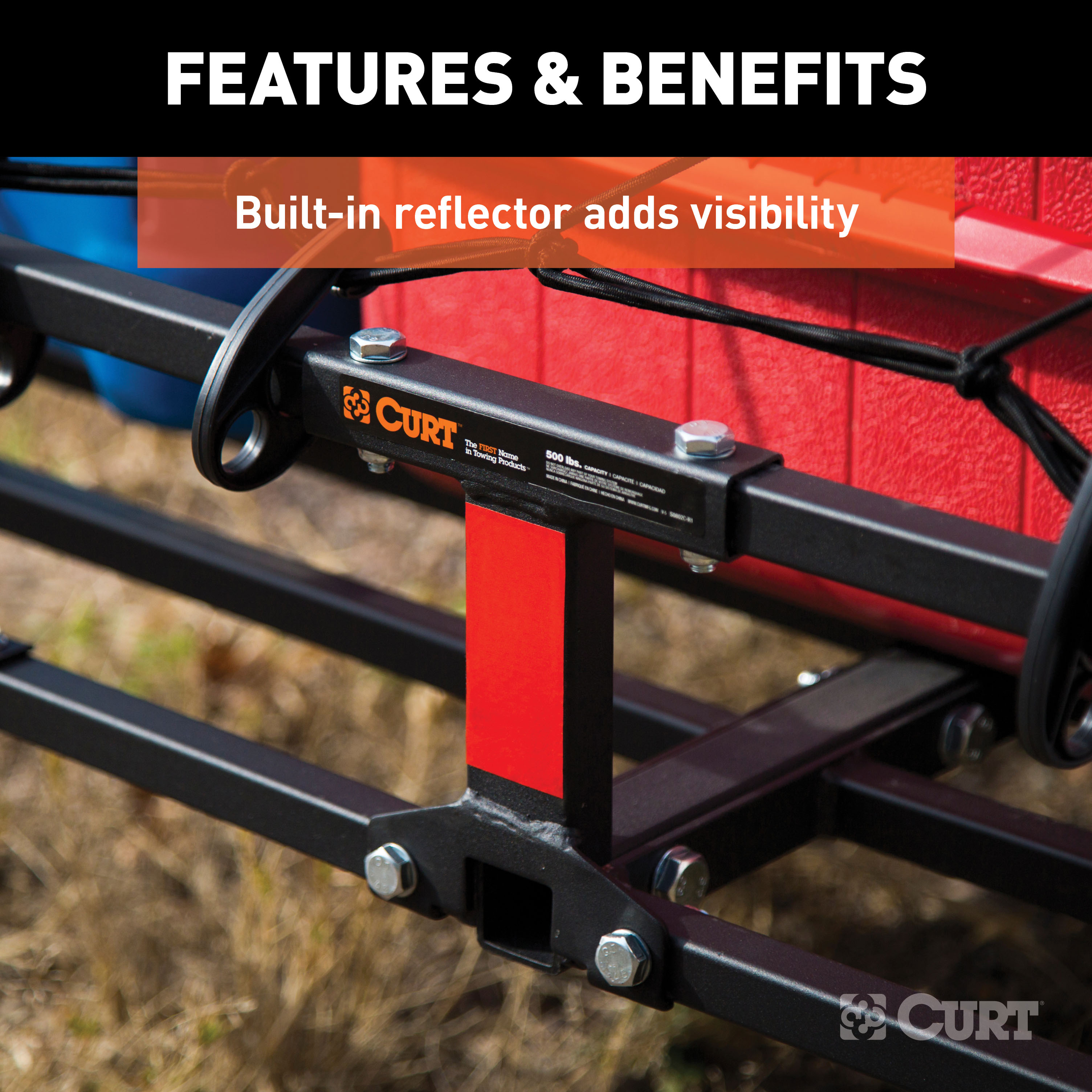 CURT 48" x 20" Black Steel Basket Cargo Carrier (1-1/4", 2" Adapter, 500 lbs.) Receiver Hitch Mounted Cargo Carrier thumbnail 6