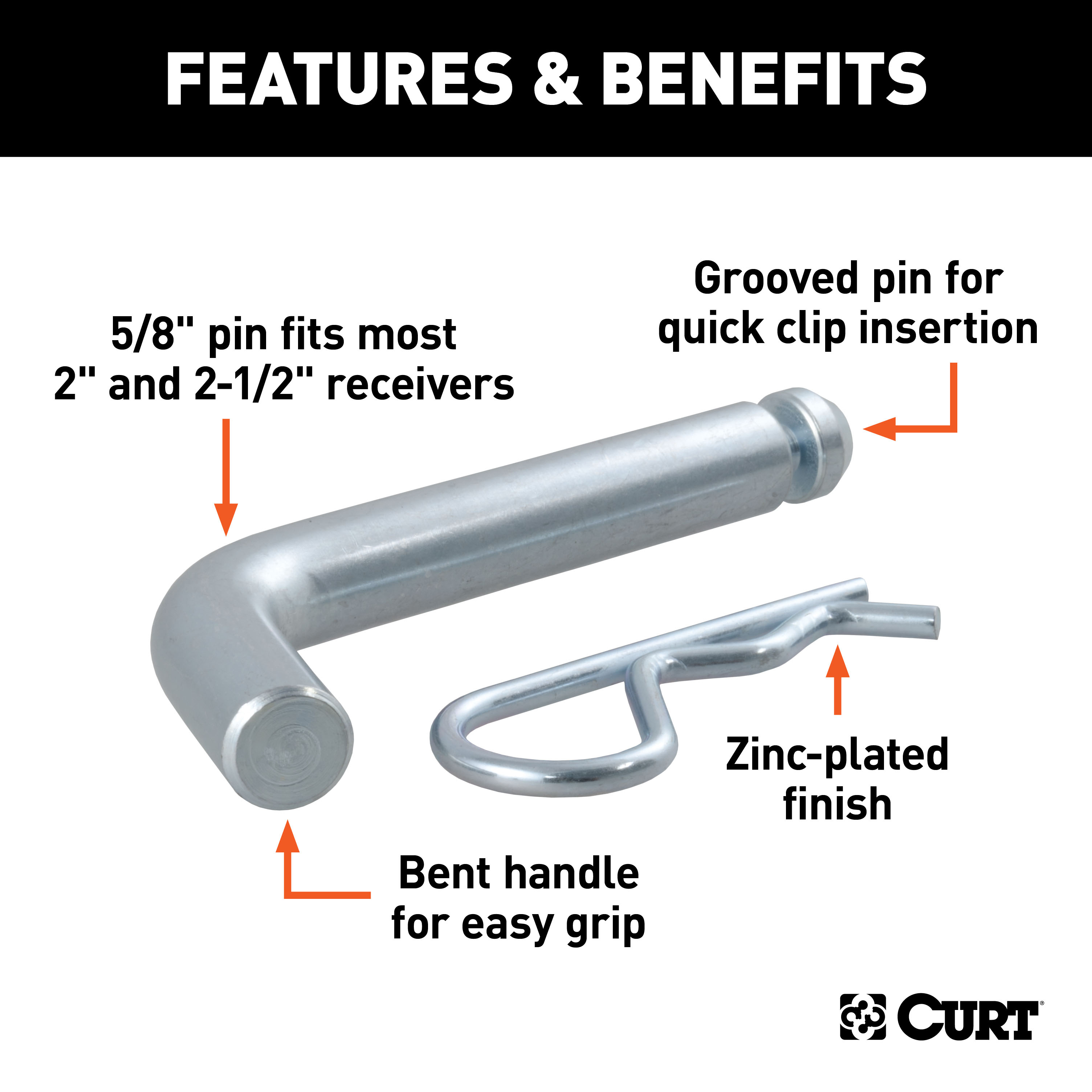 CURT 5/8" Hitch Pin with Groove (2" or 2-1/2" Receiver, Zinc, Packaged) Trailer Hitch Pin thumbnail 3