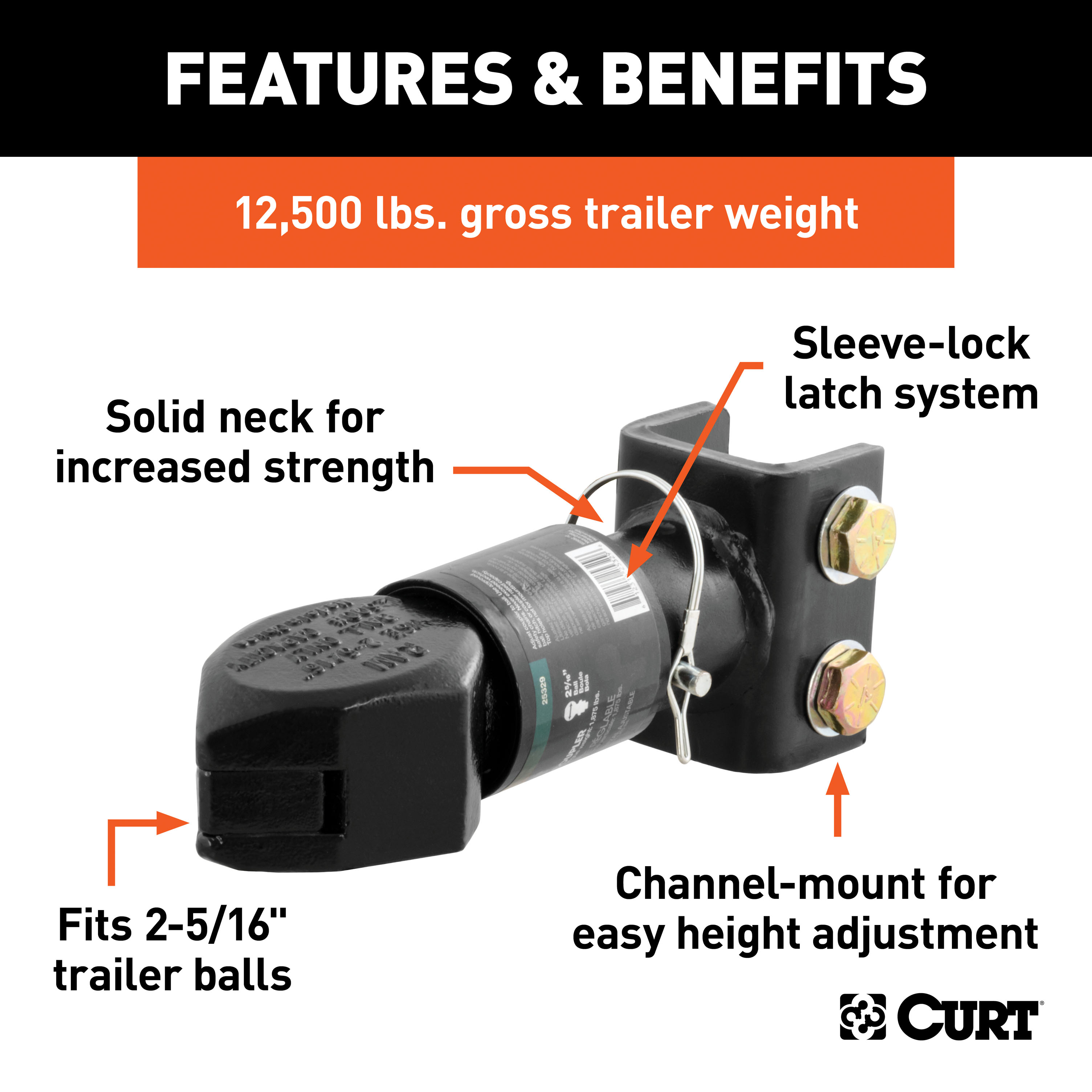 CURT 12,500 Lbs 2-5/16" Channel-Mount Coupler with Sleeve-Lock Black Trailer Hitch Coupler thumbnail 1