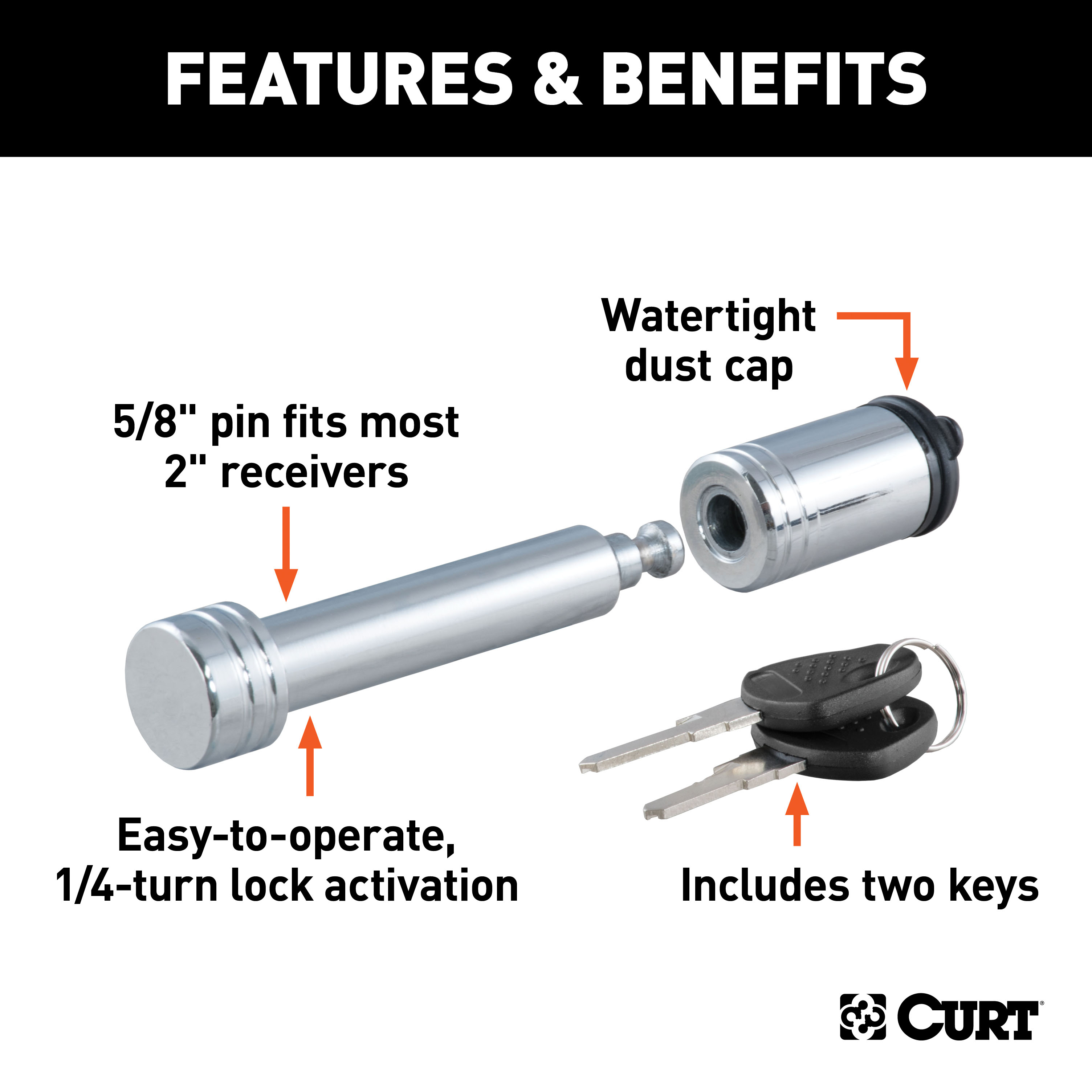 CURT 5/8" Hitch Lock (2" Receiver, Barbell, Chrome) Trailer Hitch Lock thumbnail 1