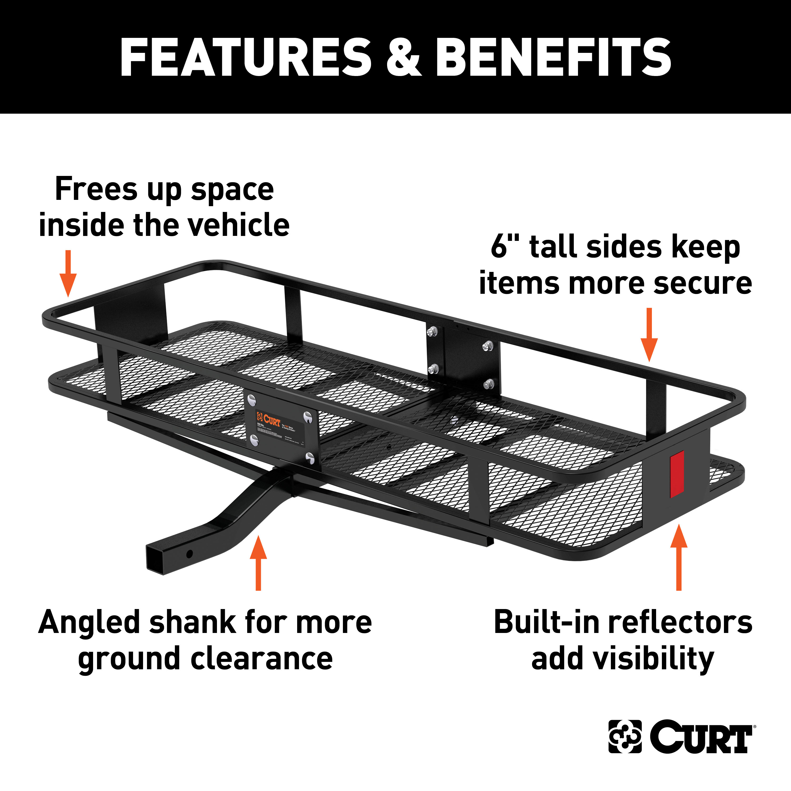 CURT 60" x 20" Black Steel Basket Cargo Carrier (Fixed 2" Shank, 500 lbs.) Receiver Hitch Mounted Cargo Carrier thumbnail 1