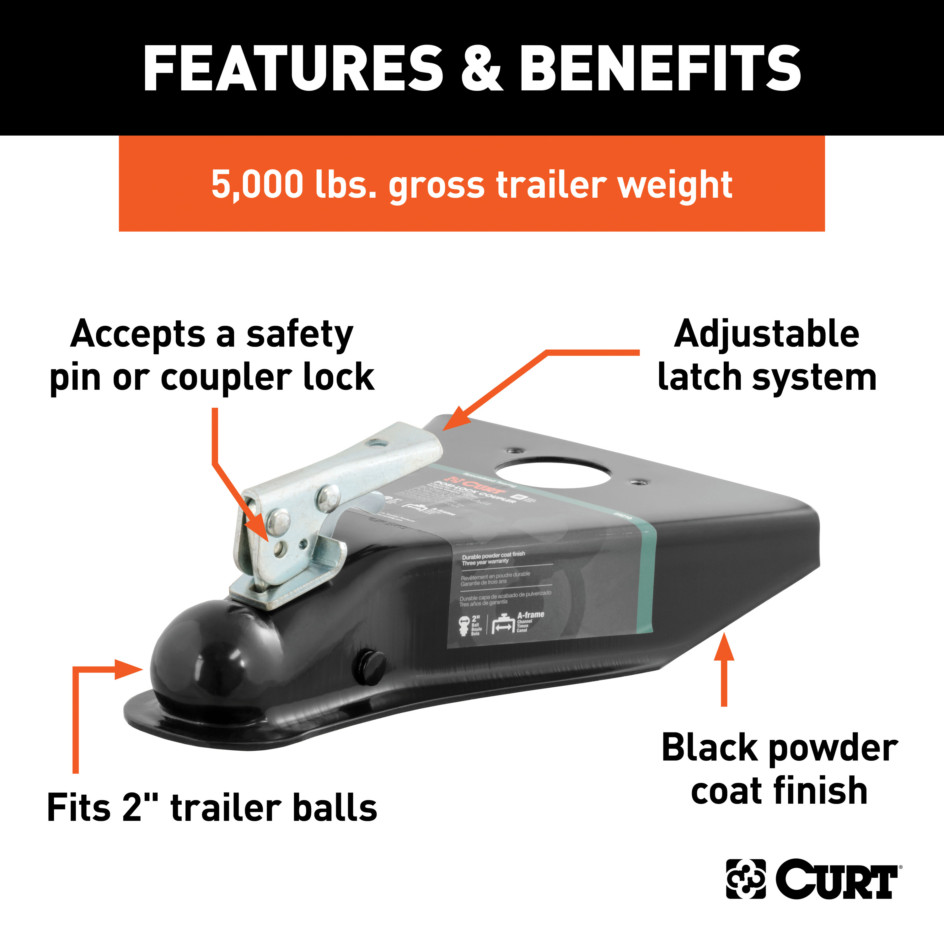 CURT 5,000 lbs 2" A-Frame Coupler with Posi-Lock Black Trailer Hitch Coupler thumbnail 1