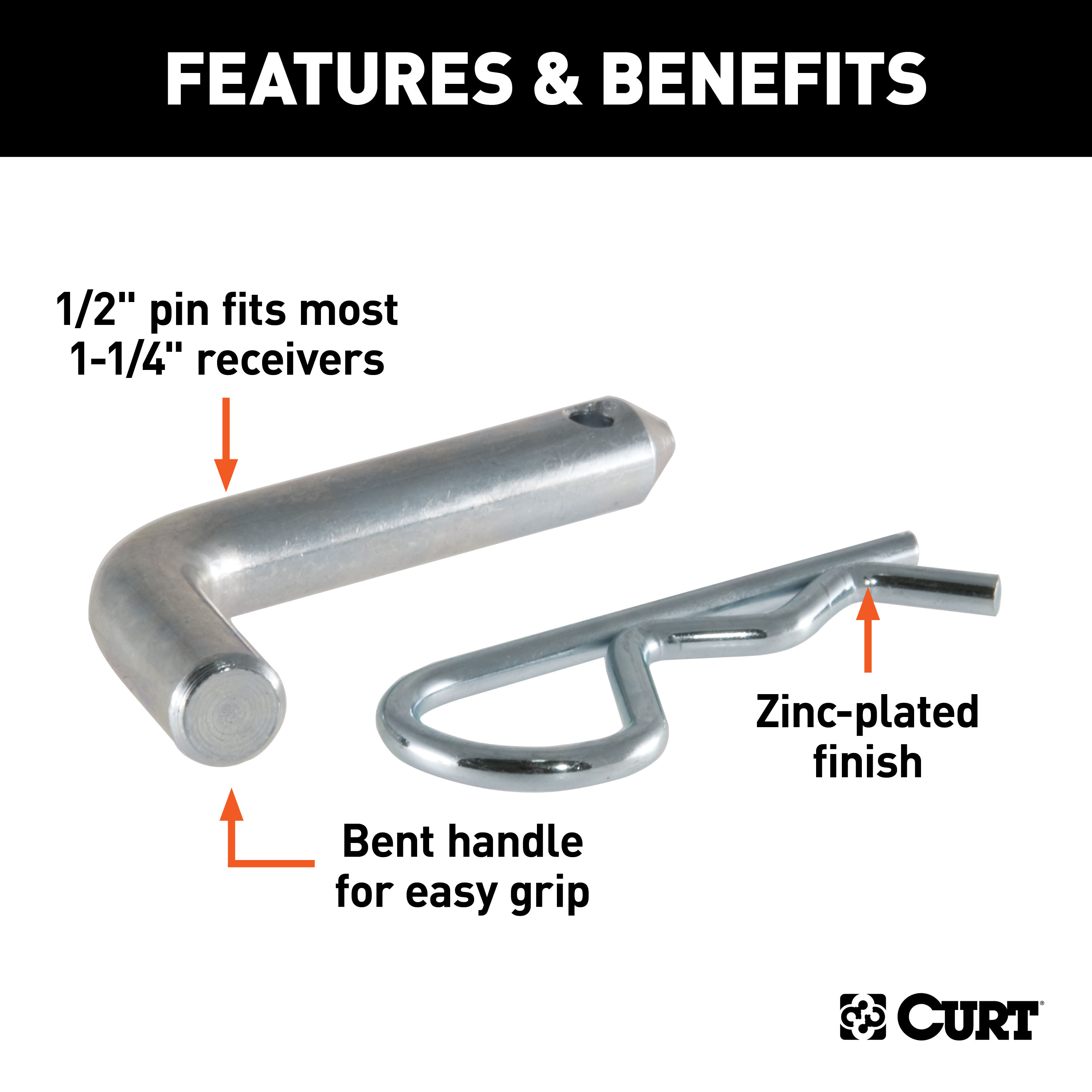 CURT 1/2" Hitch Pin (1-1/4" Receiver, Zinc, Packaged) Trailer Hitch Pin thumbnail 3