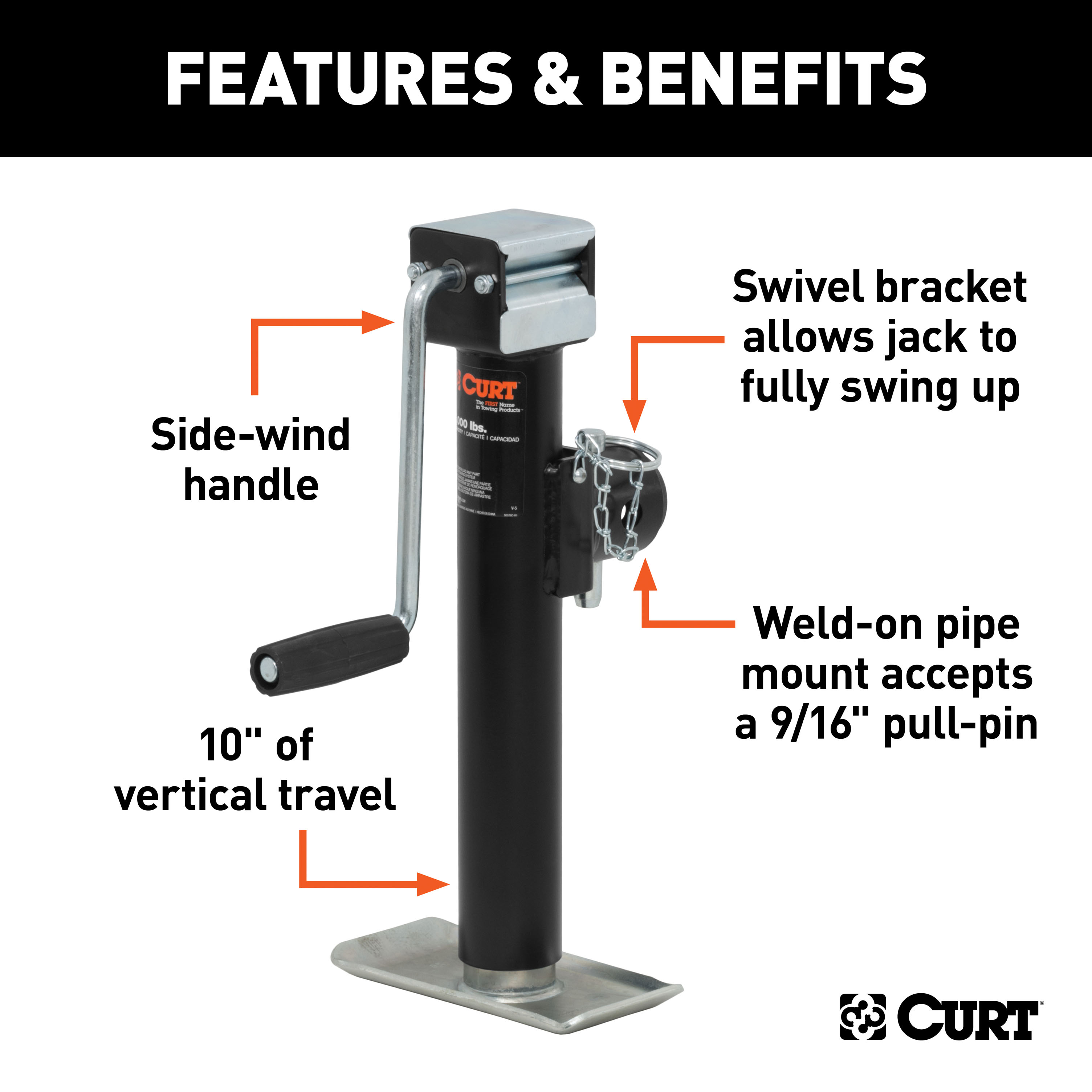 CURT Pipe-Mount Swivel Jack with Side Handle (5,000 lbs, 10" Travel) Trailer Jack thumbnail 1