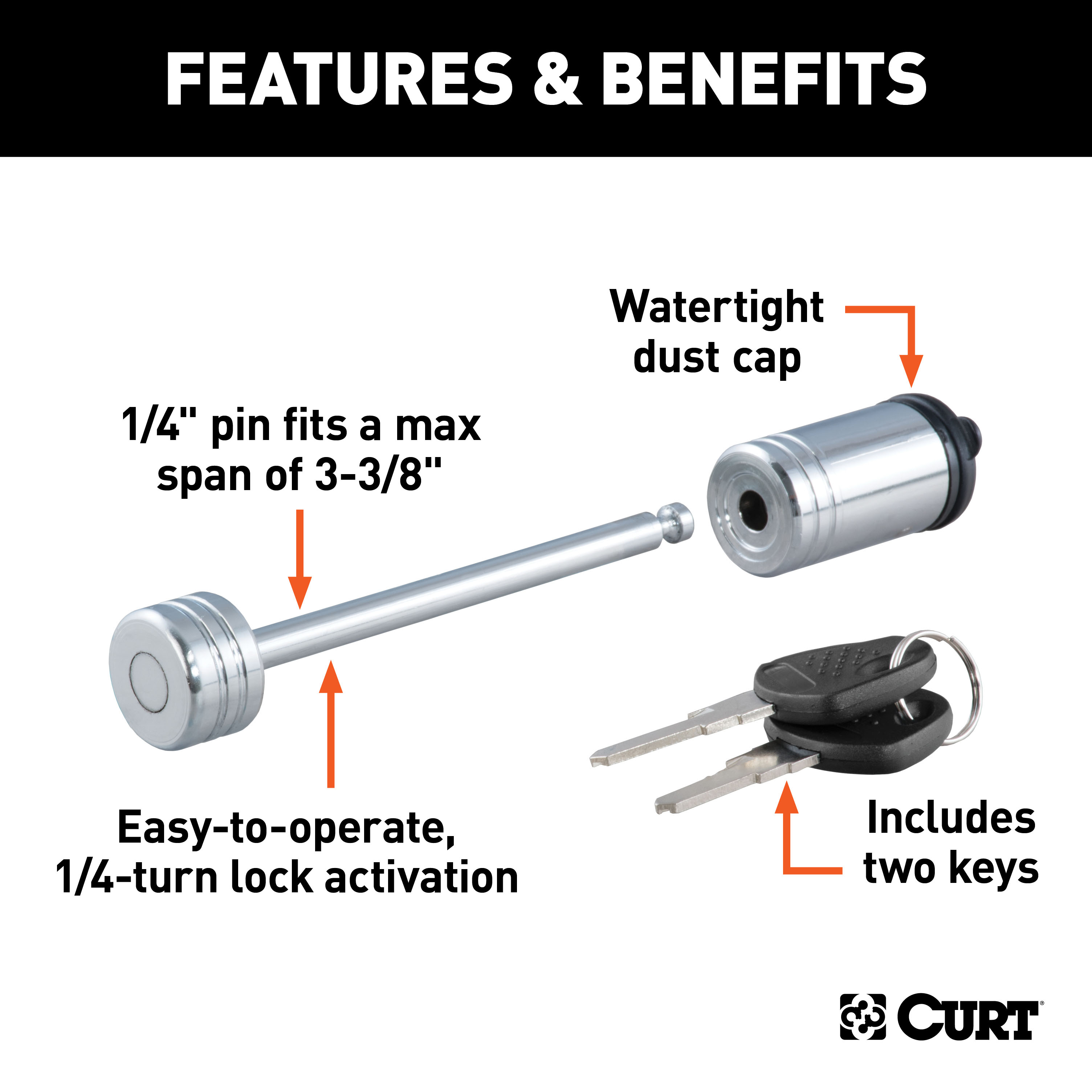 CURT Coupler Lock (1/4" Pin, 3-3/8" Latch Span, Barbell, Chrome) Trailer Hitch Lock thumbnail 1