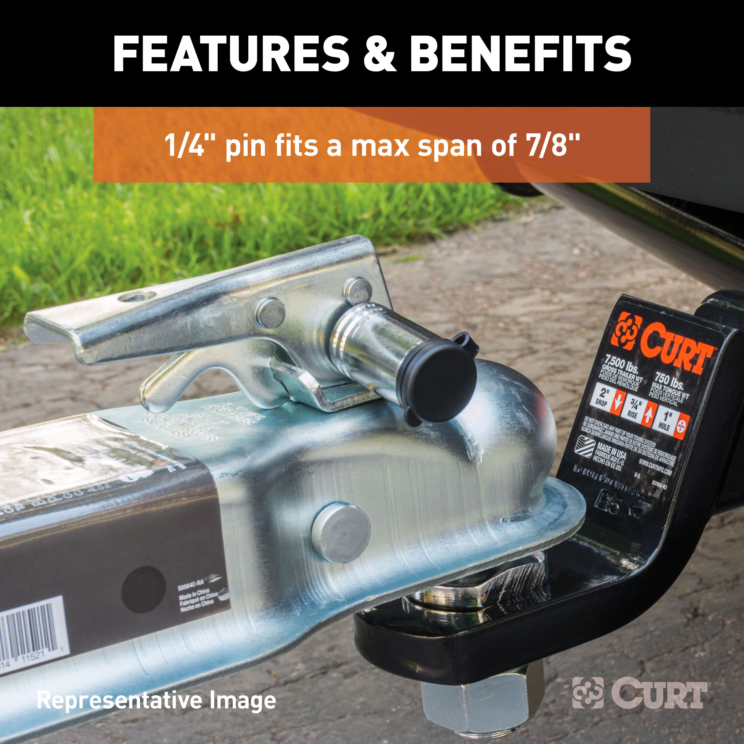 CURT Coupler Lock (1/4" Pin, 3-3/8" Latch Span, Barbell, Chrome) Trailer Hitch Lock thumbnail 2