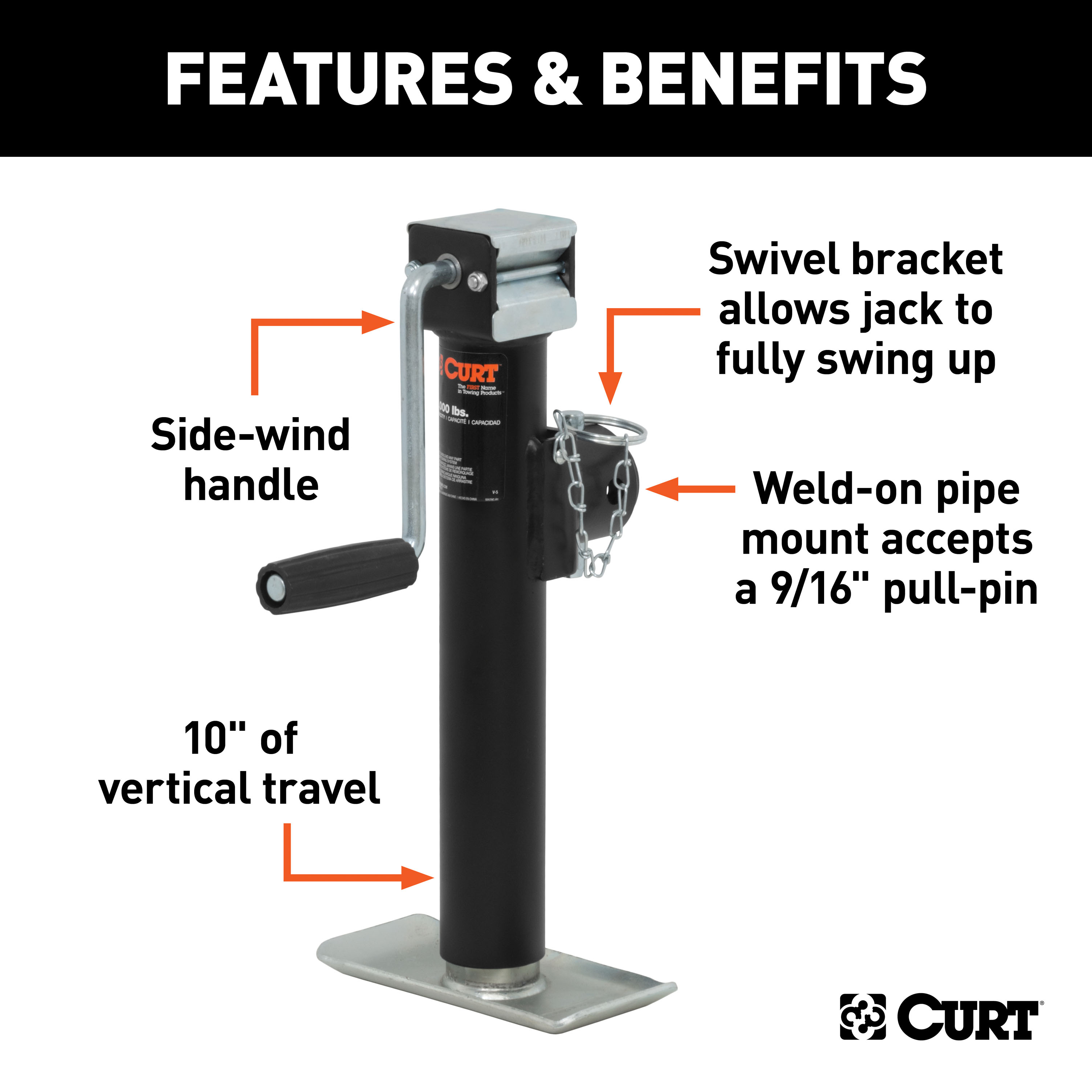 CURT Pipe-Mount Swivel Jack with Side Handle (2,000 lbs, 10" Travel) Trailer Jack thumbnail 1
