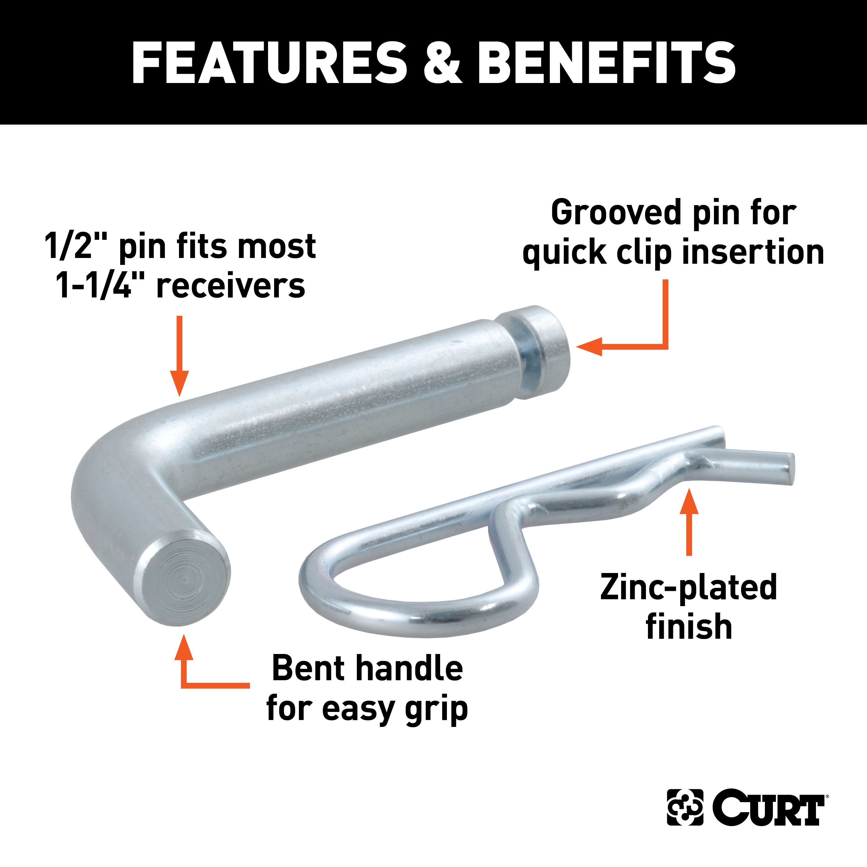 CURT 1/2" Hitch Pin with Groove (1-1/4" Receiver, Zinc, Packaged) Trailer Hitch Pin thumbnail 3