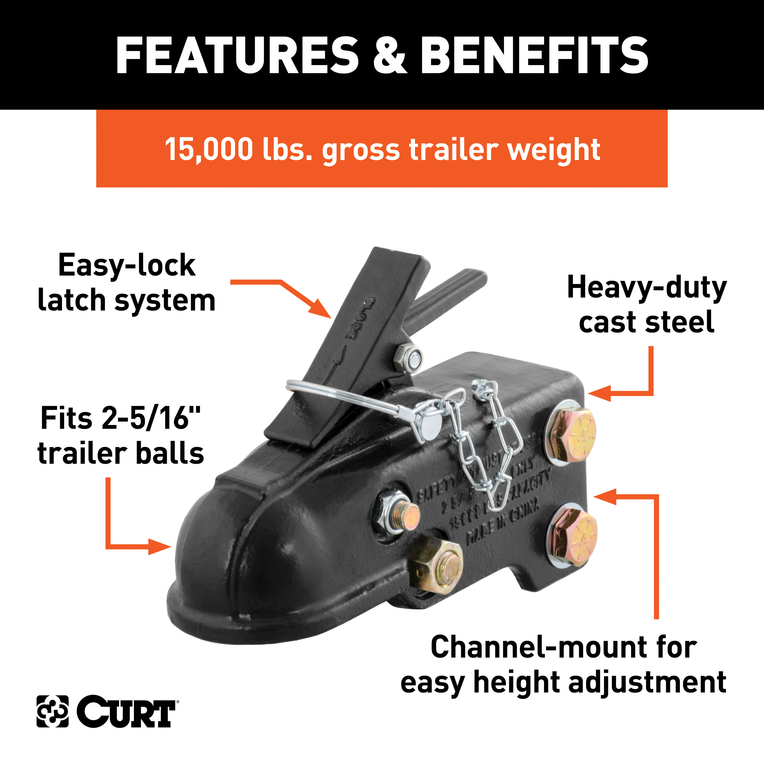 CURT 15,000 lbs 2-5/16" Channel-Mount Coupler with Easy-Lock Black Trailer Hitch Coupler thumbnail 1