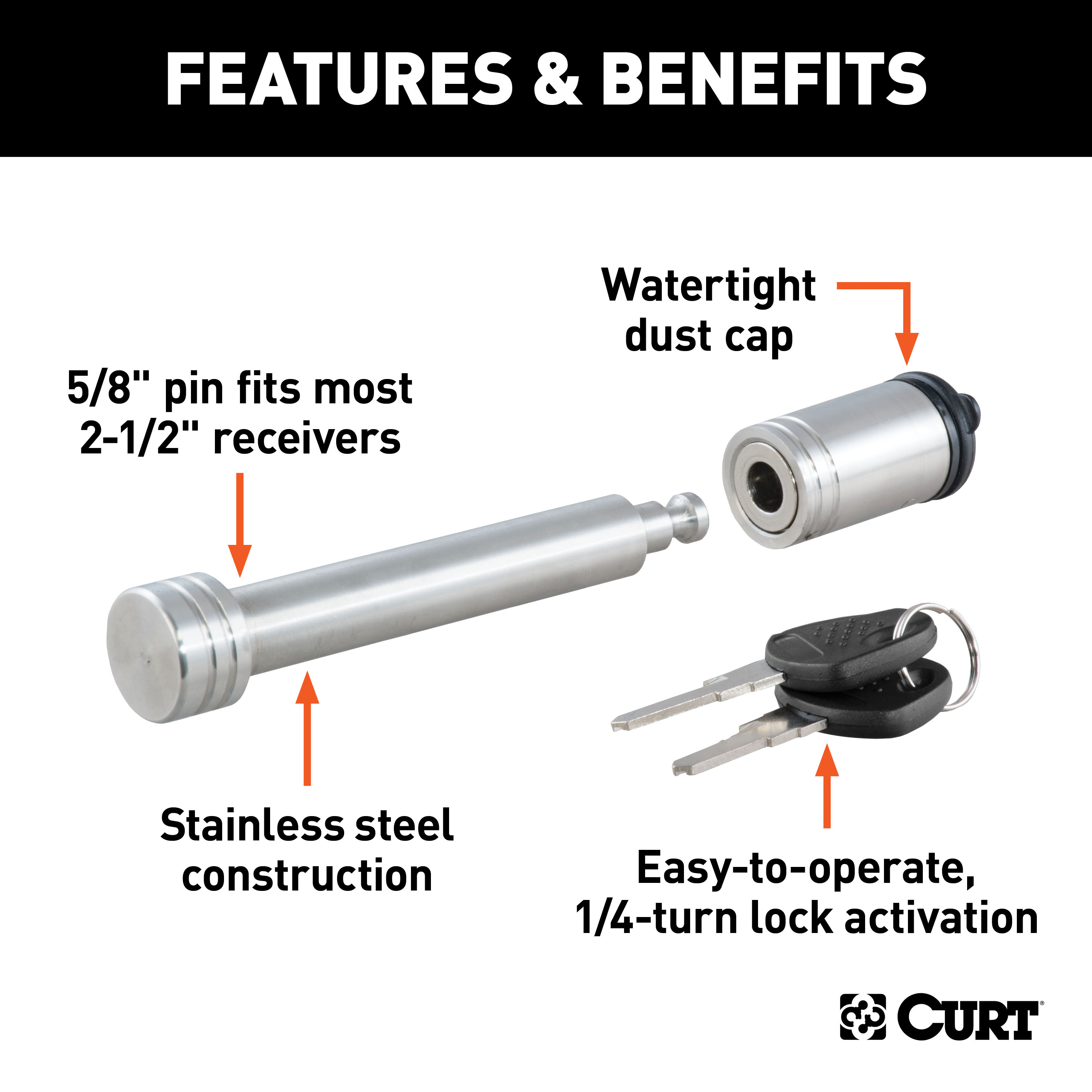 CURT 5/8" Hitch Lock (2" or 2-1/2" Receiver, Barbell, Stainless) Trailer Hitch Lock thumbnail 1