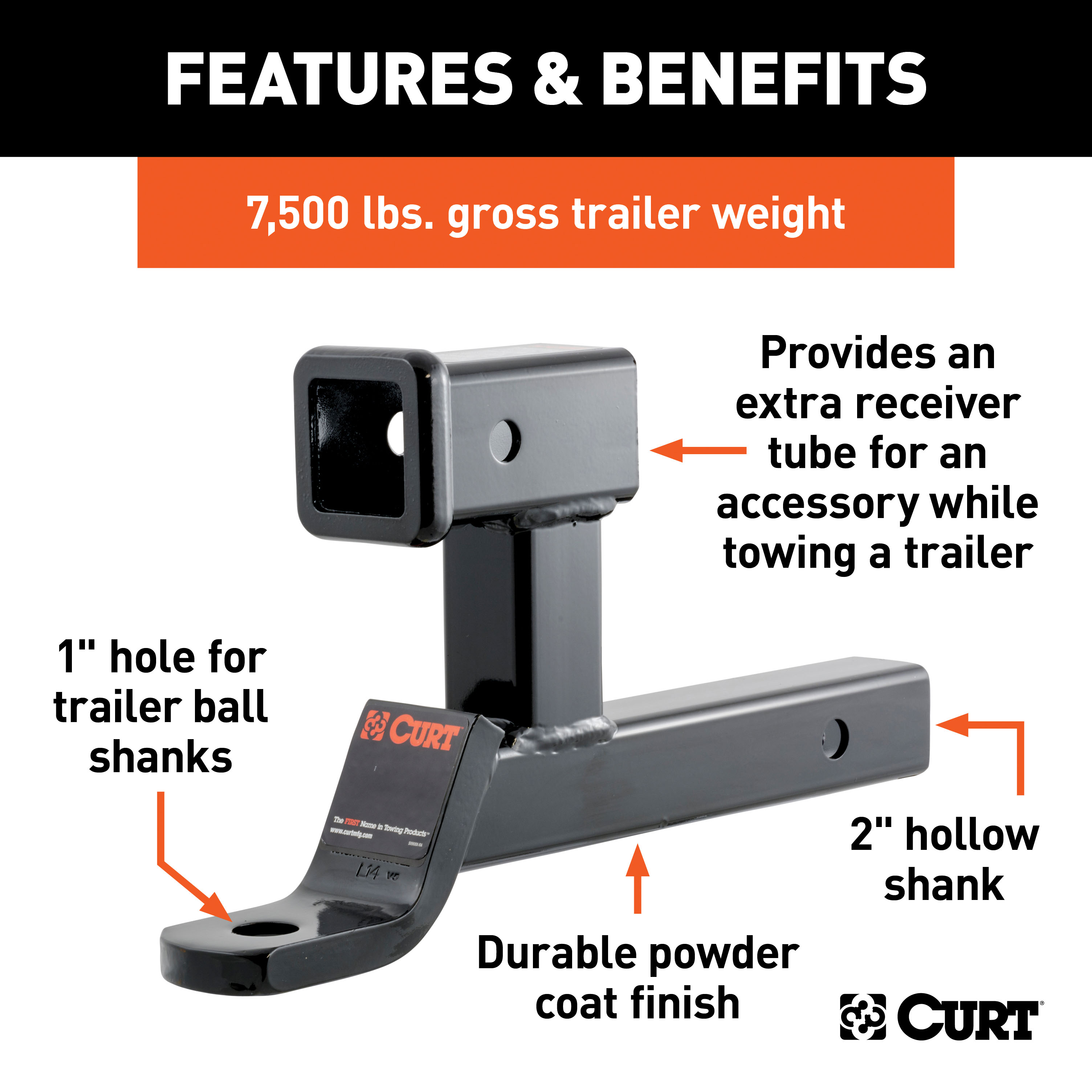 CURT Multi-Use Ball Mount (2" Shank, 7,500 lbss., 5-13/16" Rise, 1" Ball Hole) Trailer Hitch Ball Mount thumbnail 1