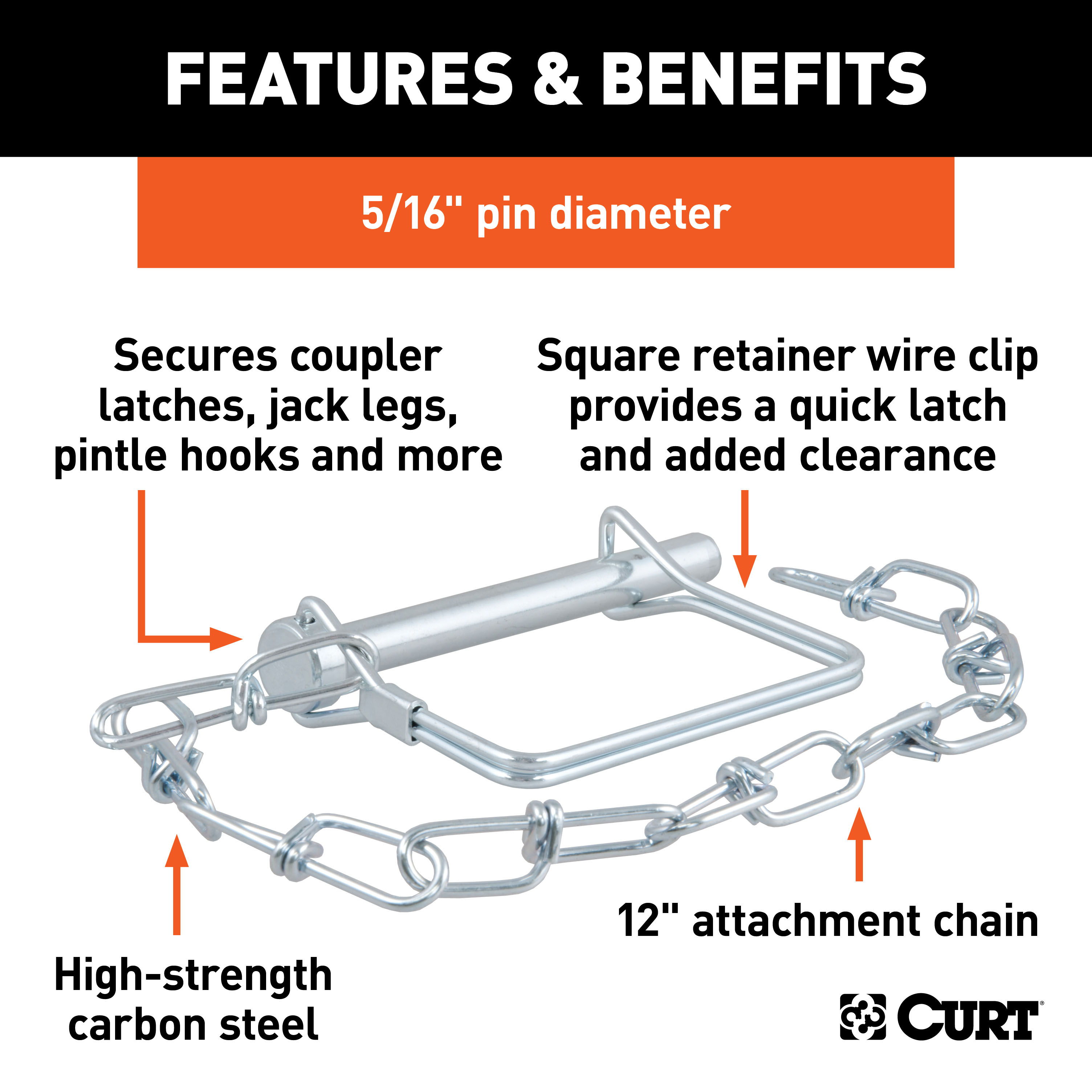 CURT 5/16" Safety Pin with 12" Chain (3" Pin Length) Trailer Hitch Lock thumbnail 1