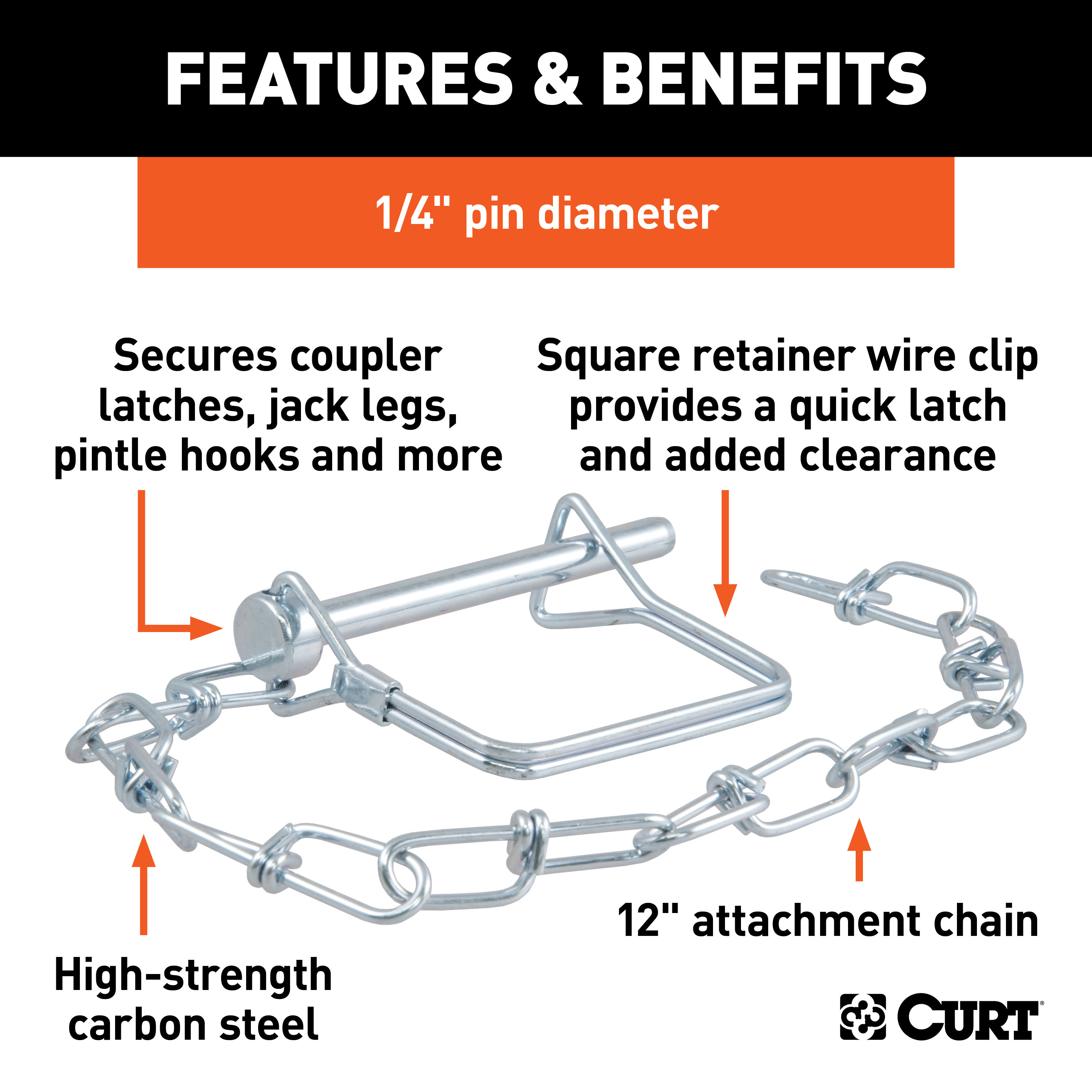 CURT 1/4" Safety Pin with 12" Chain (2-3/4" Pin Length) Trailer Hitch Lock thumbnail 1