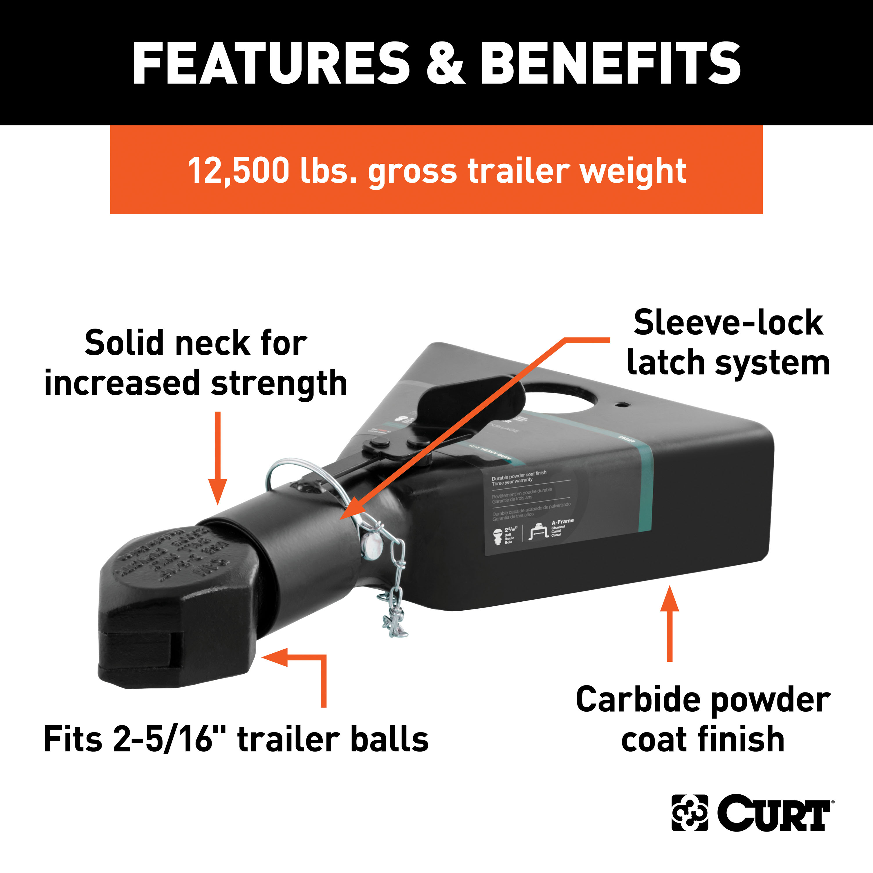 CURT 12,500 lbs 2-5/16" A-Frame Coupler with Sleeve-Lock Black Trailer Hitch Coupler thumbnail 1