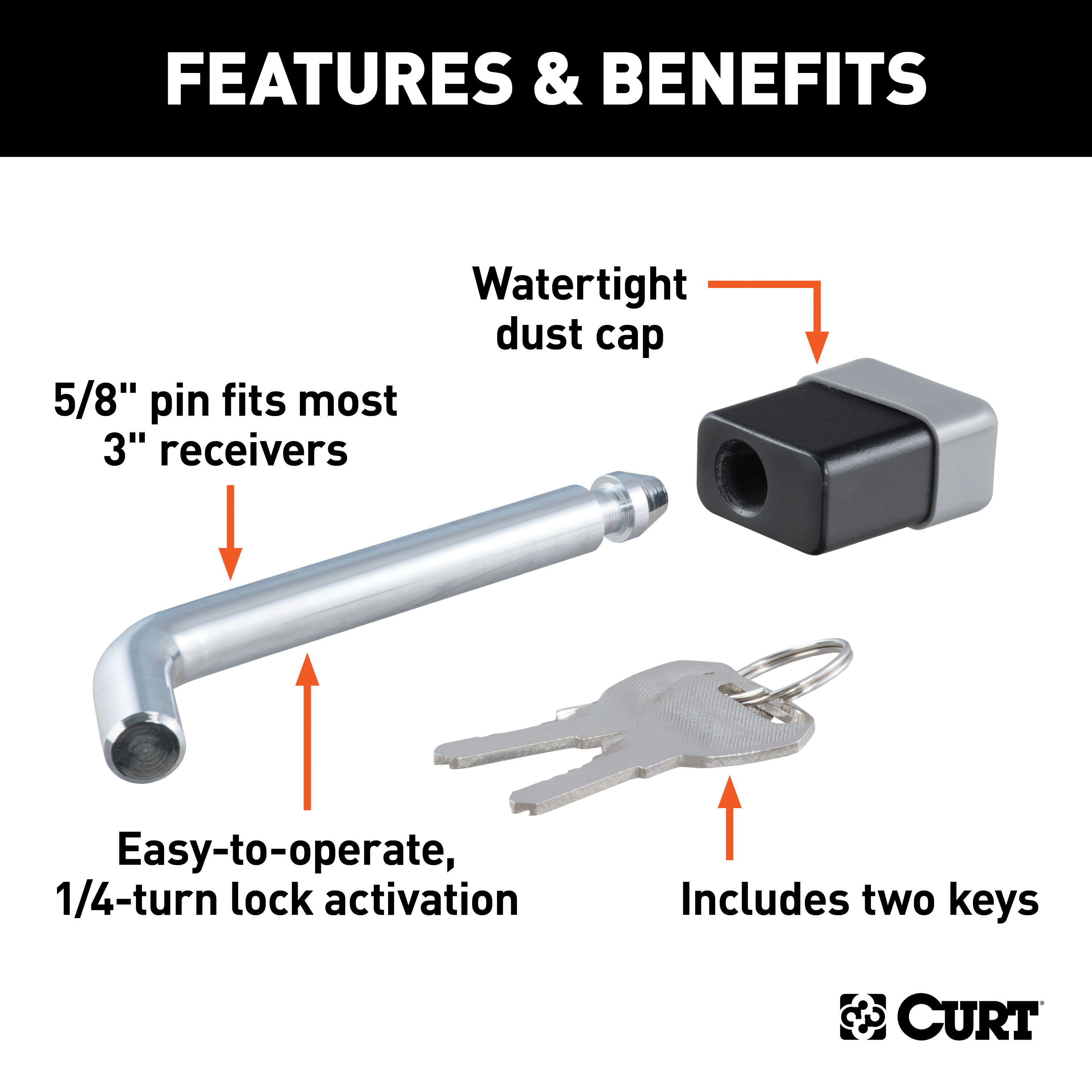 CURT 5/8" Hitch Lock (2", 2-1/2" or 3" Receiver, Deadbolt, Chrome) Trailer Hitch Lock thumbnail 1