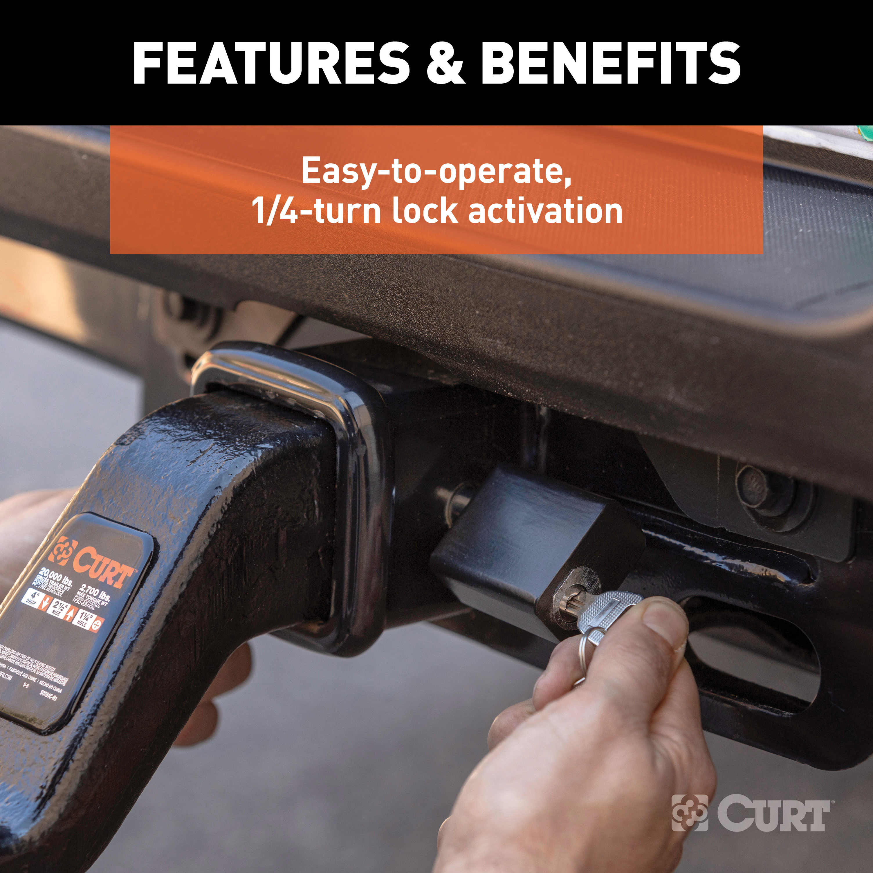 CURT 5/8" Hitch Lock (2", 2-1/2" or 3" Receiver, Deadbolt, Chrome) Trailer Hitch Lock thumbnail 3