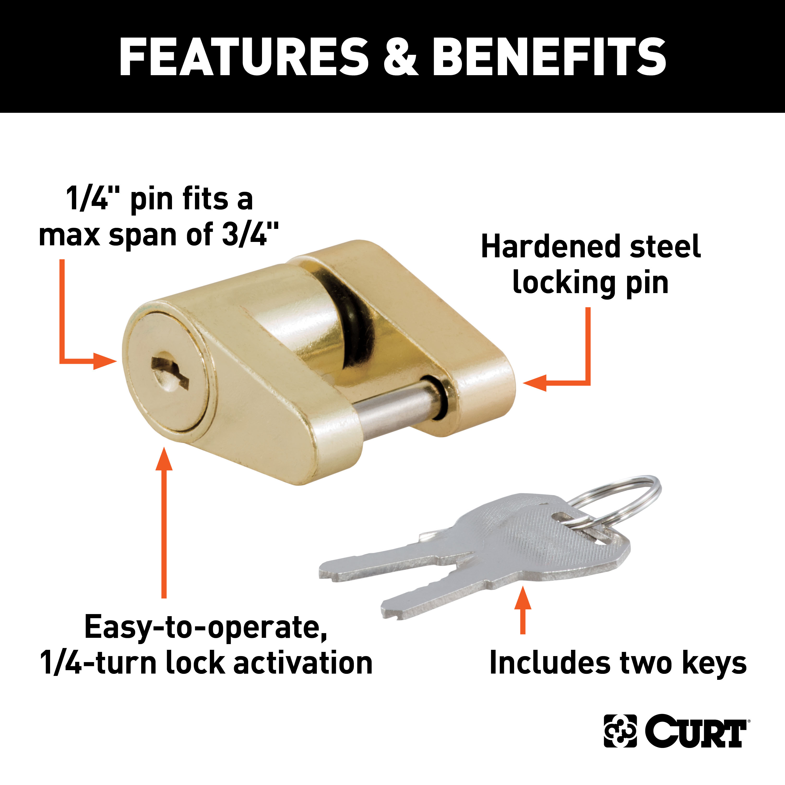 CURT Coupler Lock (1/4" Pin, 3/4" Latch Span, Padlock, Brass-Plated) Trailer Hitch Lock thumbnail 1