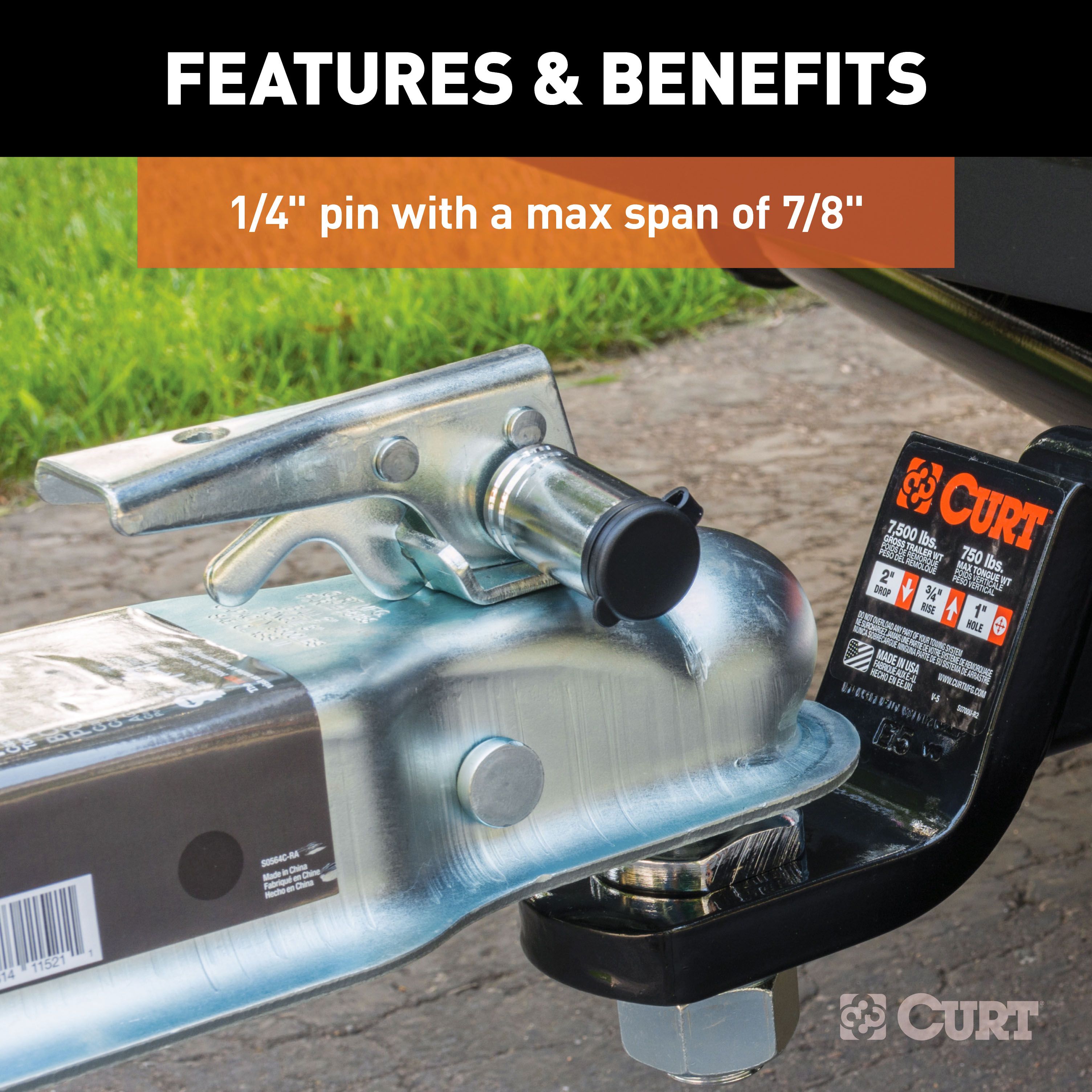 CURT Coupler Lock (1/4" Pin, 7/8" Latch Span, Barbell, Chrome) Trailer Hitch Lock thumbnail 2