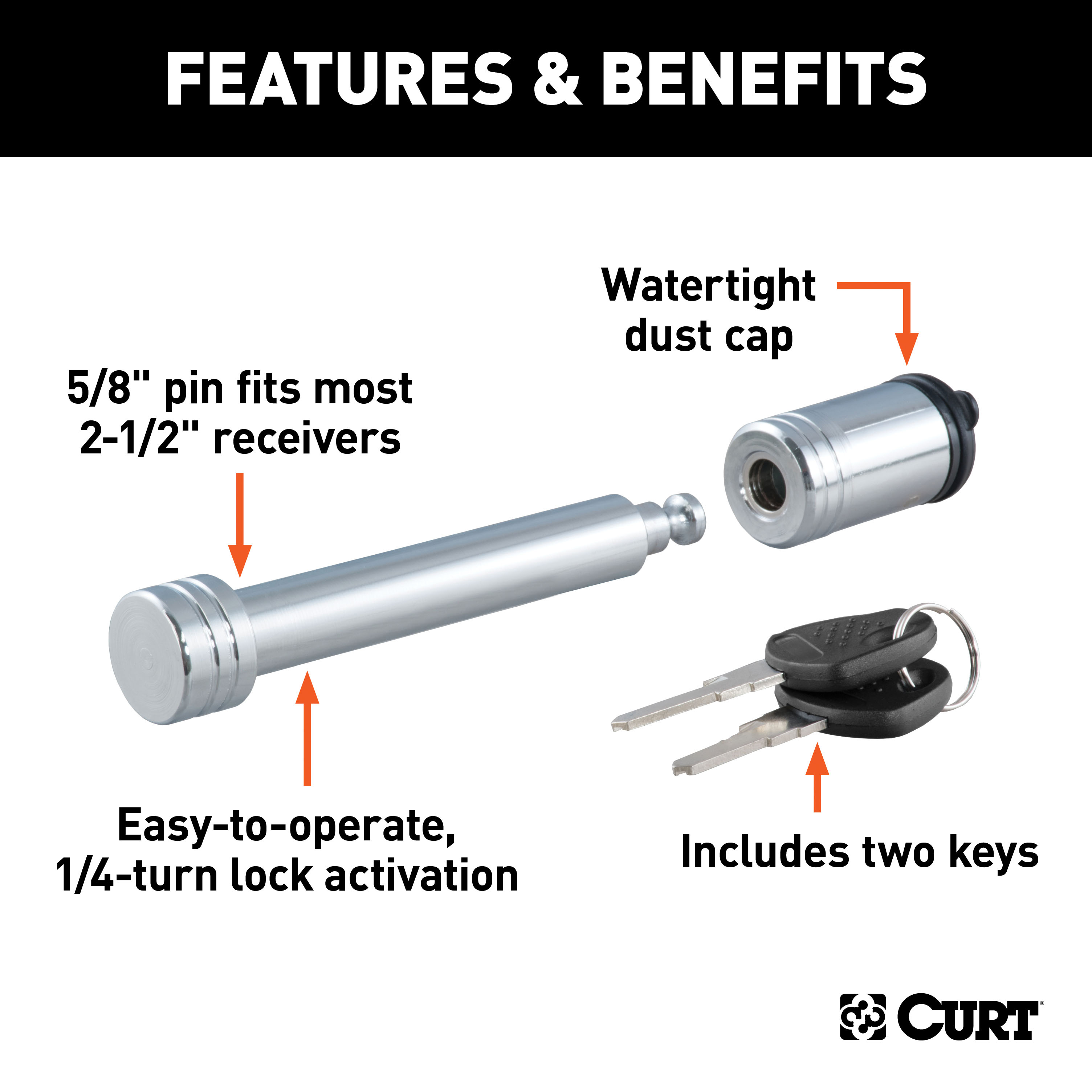 CURT 5/8" Hitch Lock (2" or 2-1/2" Receiver, Barbell, Chrome) Trailer Hitch Lock thumbnail 1
