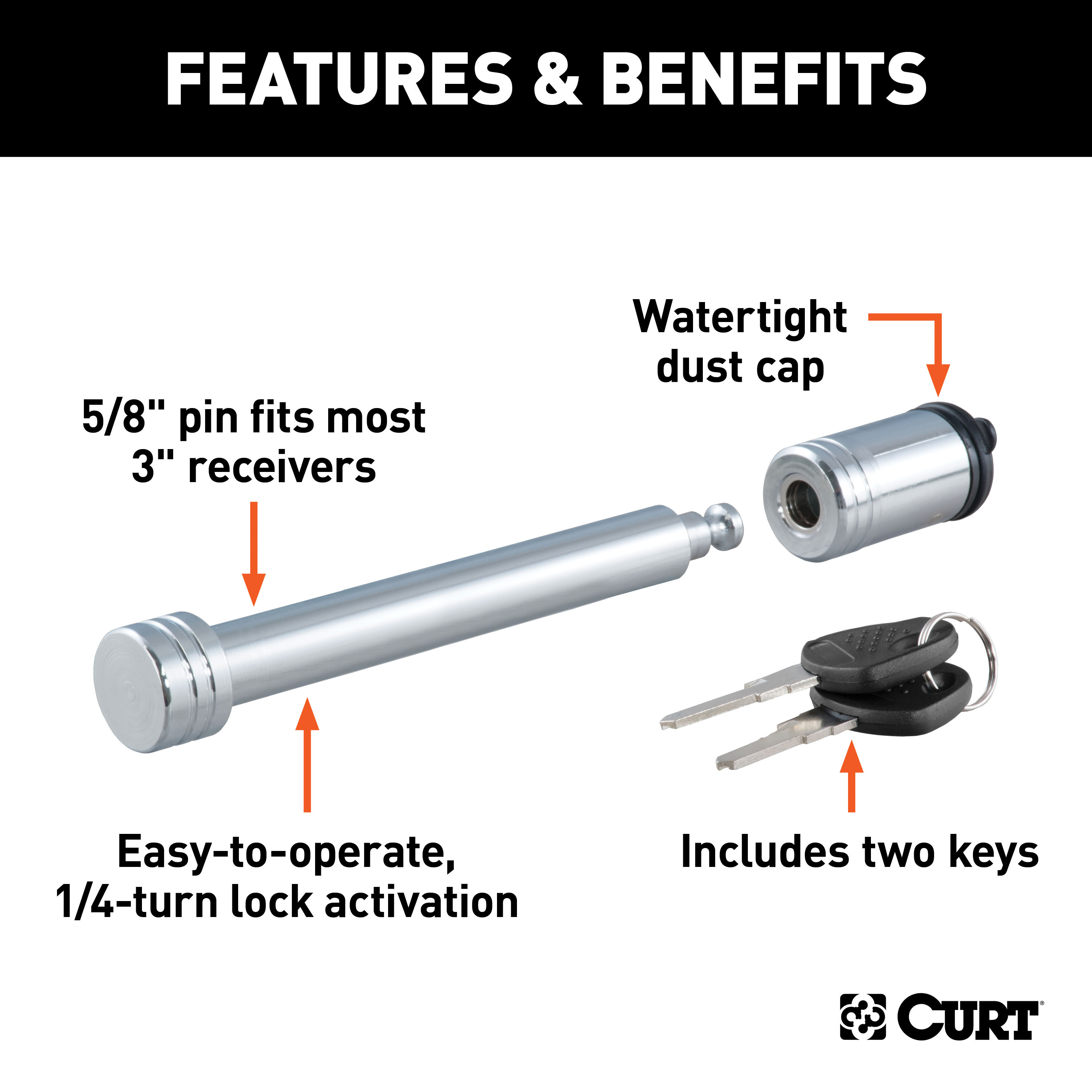CURT 5/8" Hitch Lock (3" Receiver, Barbell, Chrome) Trailer Hitch Lock thumbnail 4