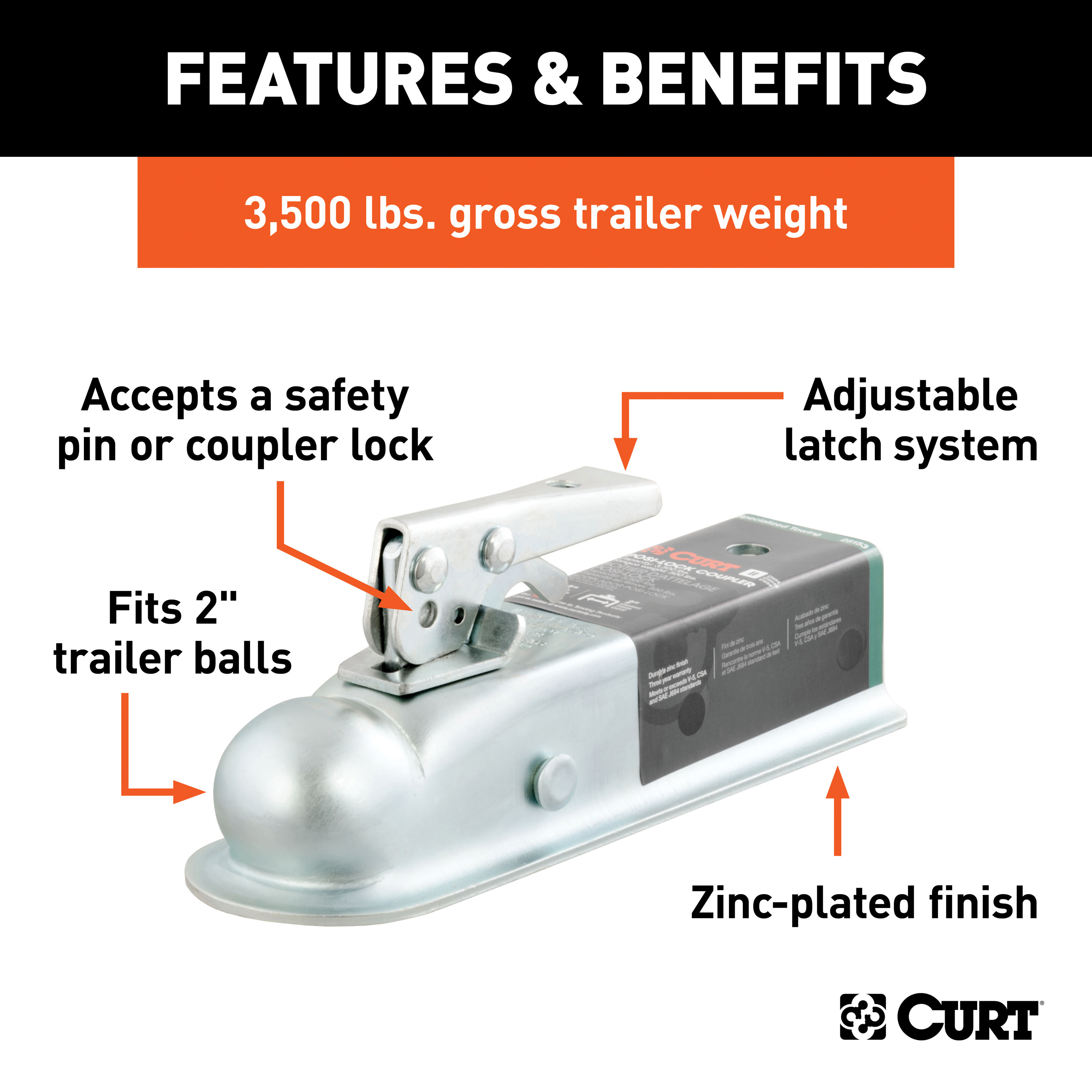CURT 3,500 lbs 2" Straight-Tongue Coupler with Posi-Lock (2" Channel) Zinc Trailer Hitch Coupler thumbnail 1