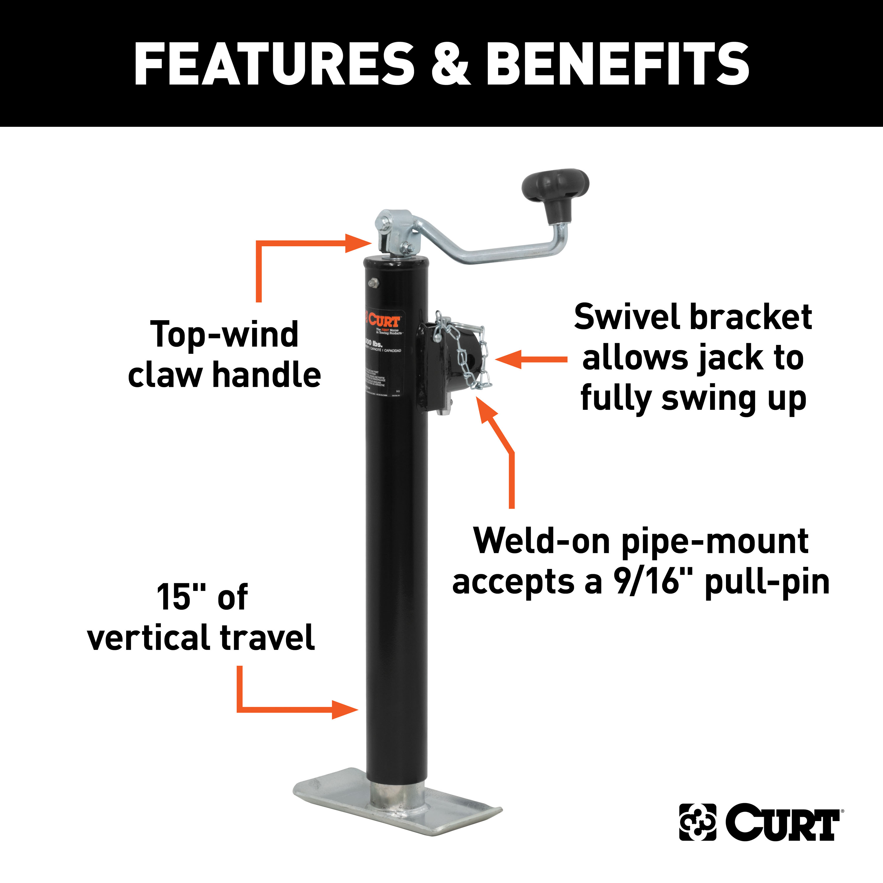CURT Pipe-Mount Swivel Jack with Top Handle (5,000 lbs, 15" Travel) Trailer Jack thumbnail 1