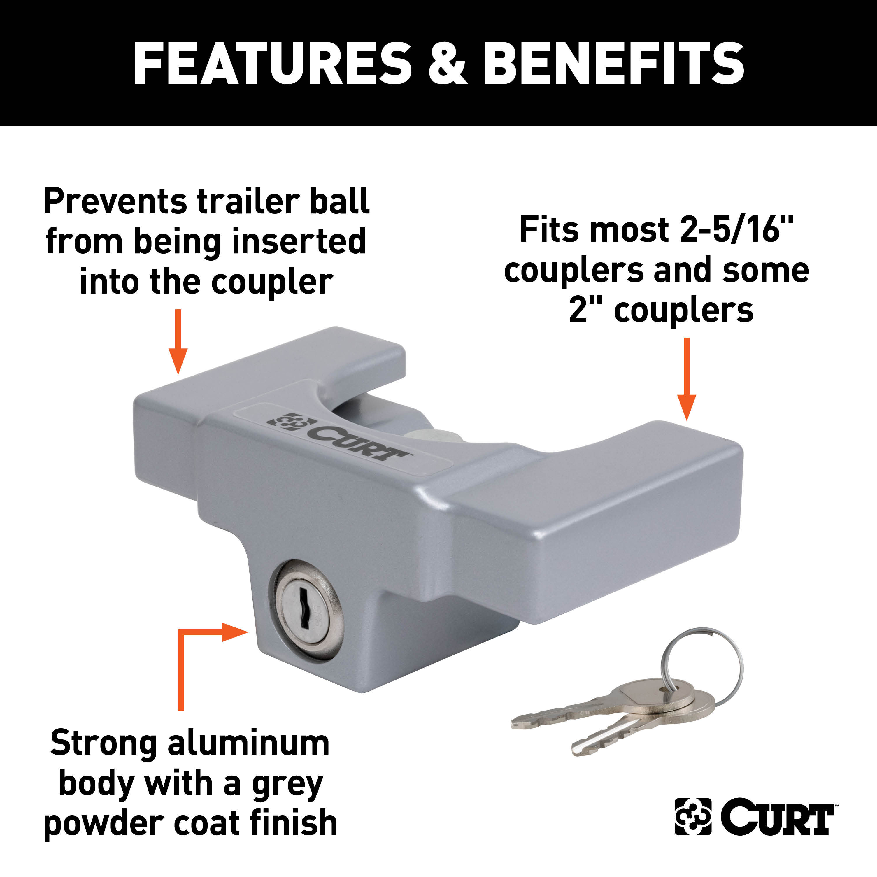 CURT Trailer Coupler Lock, Fits Most 2-5/16" Couplers (Grey Aluminum) Trailer Hitch Lock thumbnail 1