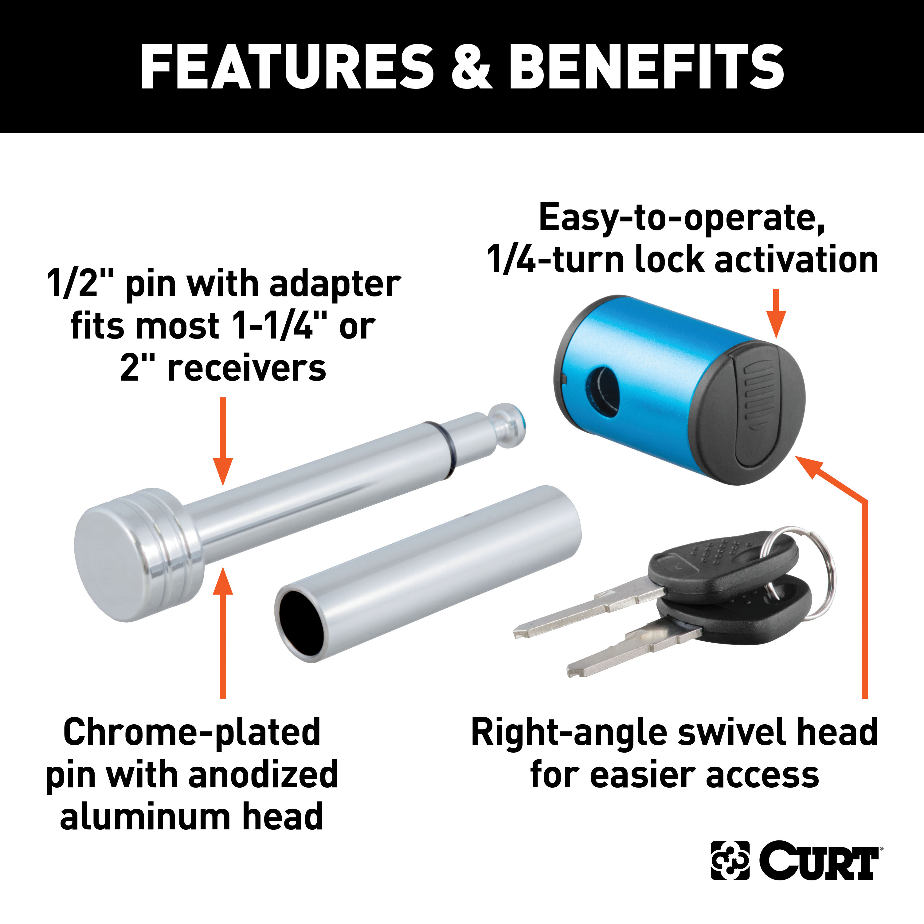 CURT 1/2" Hitch Lock with 5/8" Adapter (1-1/4" or 2" Receiver, Right-Angle, Chrome) Trailer Hitch Lock thumbnail 1