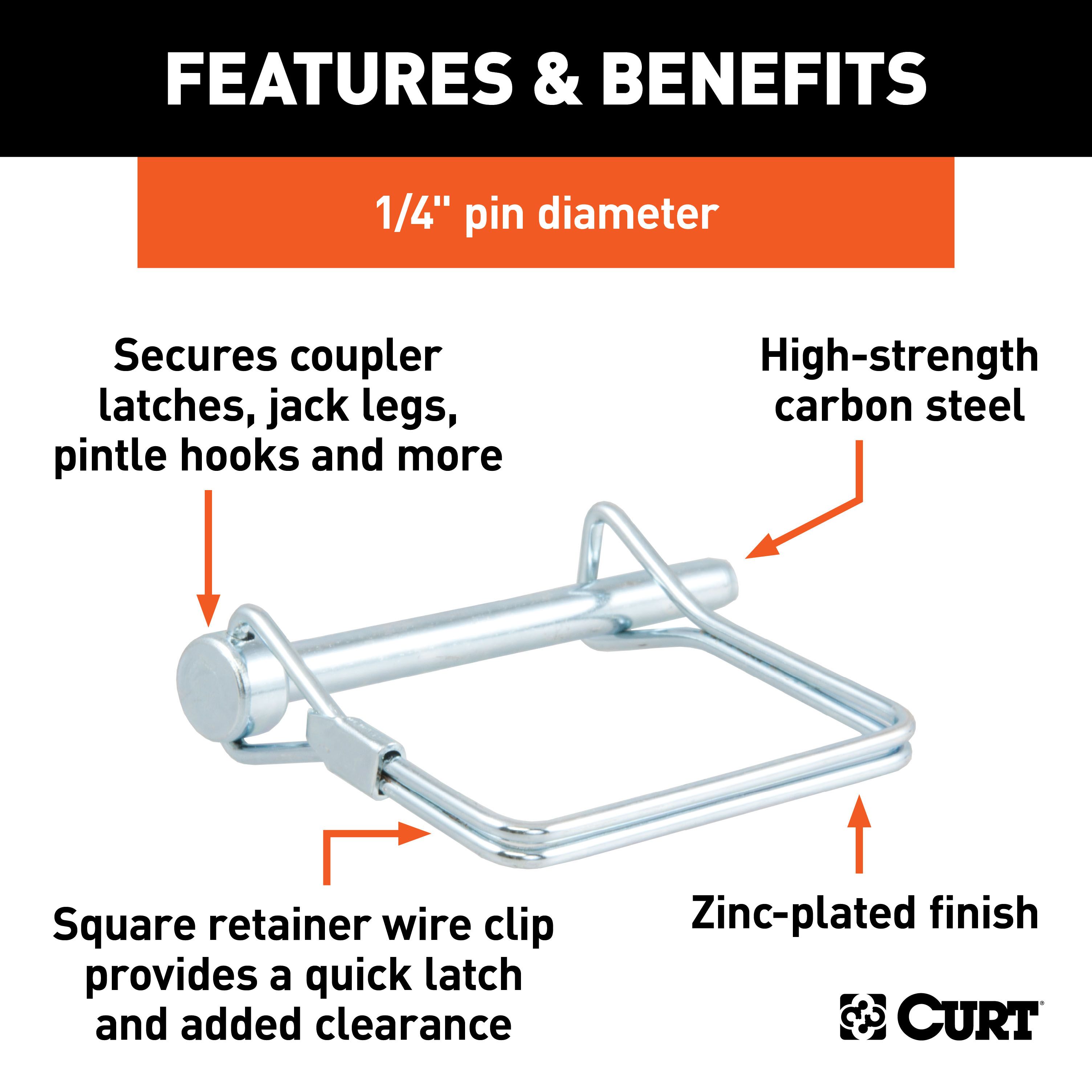 CURT 1/4" Safety Pin (2-3/4" Pin Length, Packaged) Trailer Hitch Lock thumbnail 1