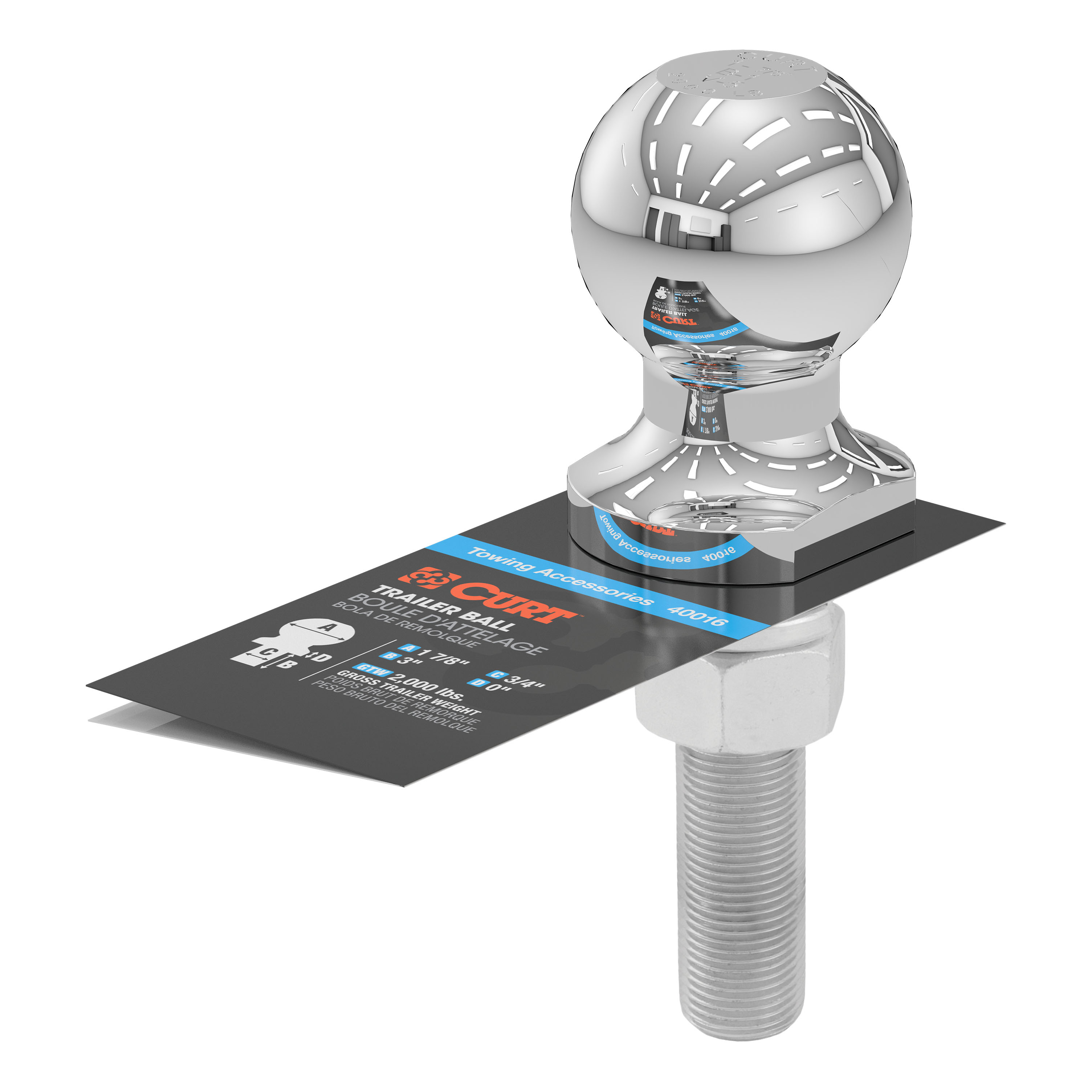 CURT 1-7/8" Trailer Ball (3/4" x 3" Shank, 2,000 lbs., Chrome) Trailer Hitch Ball thumbnail 2