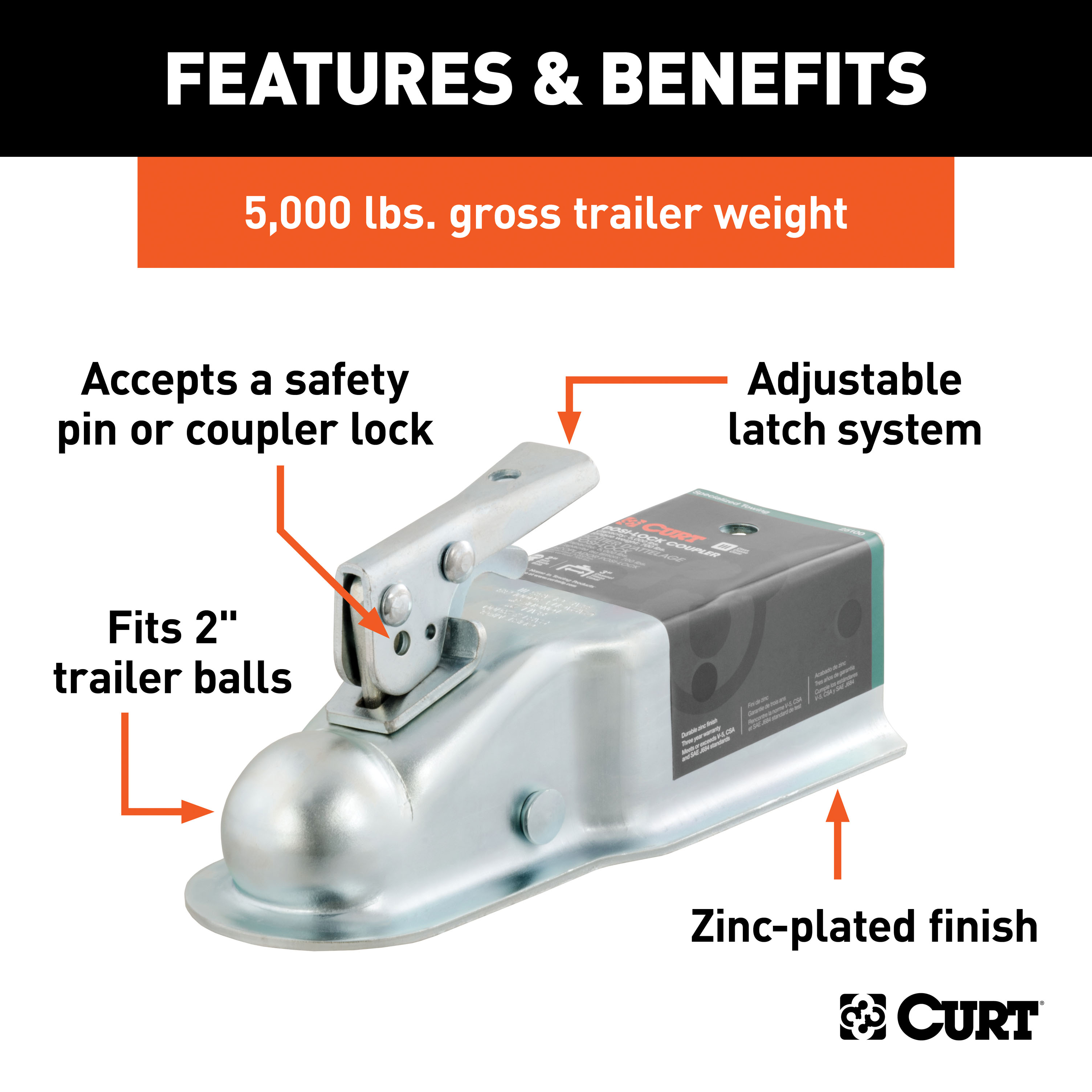 CURT 5,000 lbs 2" Straight-Tongue Coupler with Posi-Lock (3" Channel),  Zinc Trailer Hitch Coupler thumbnail 1