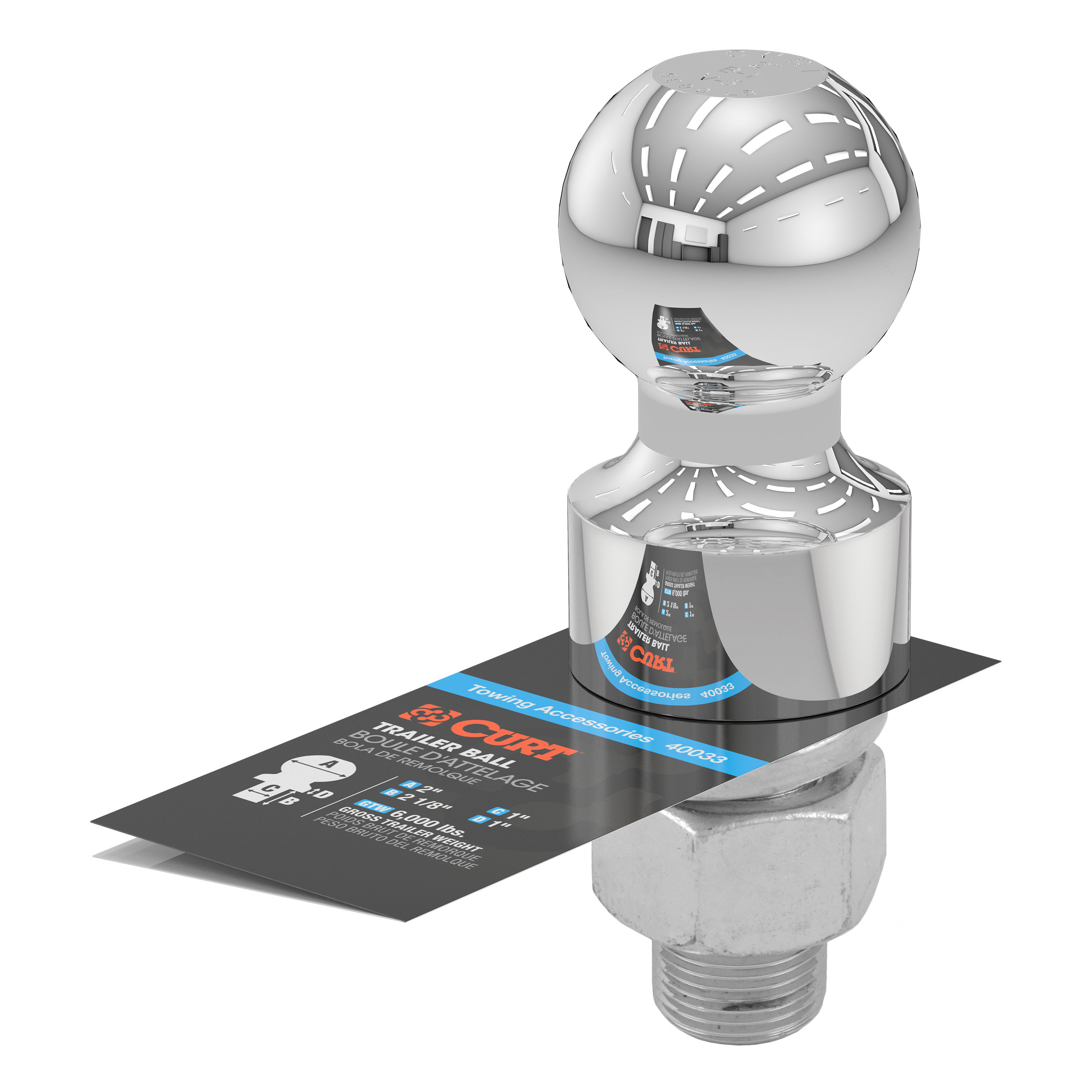 CURT 2" Trailer Ball (1" x 2-1/8" Shank, 1" Rise, 6,000 lbs., Chrome) Trailer Hitch Ball thumbnail 2