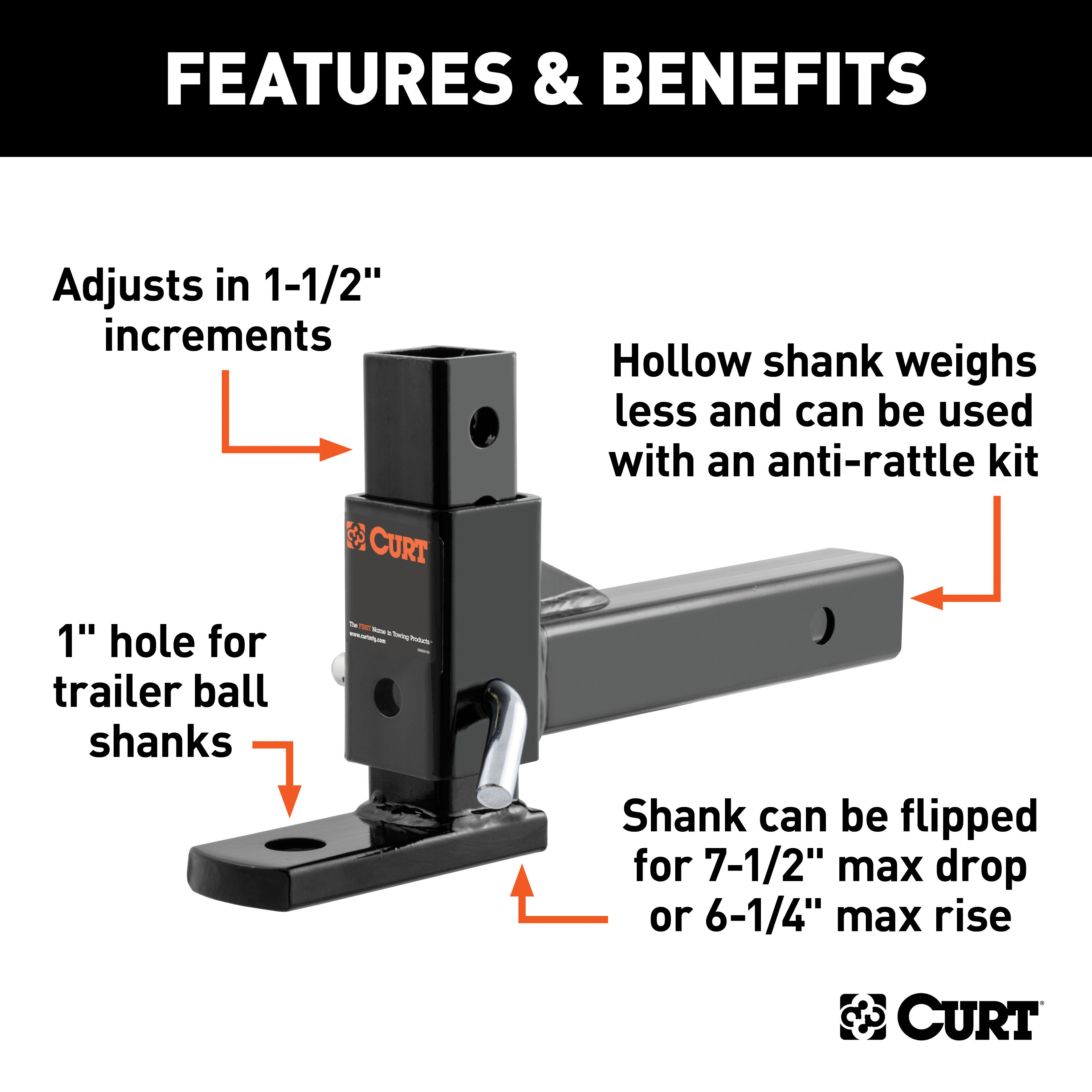 CURT Adjustable Ball Mount (2" Shank, 1" Ball Hole) Trailer Hitch Ball Mount thumbnail 1