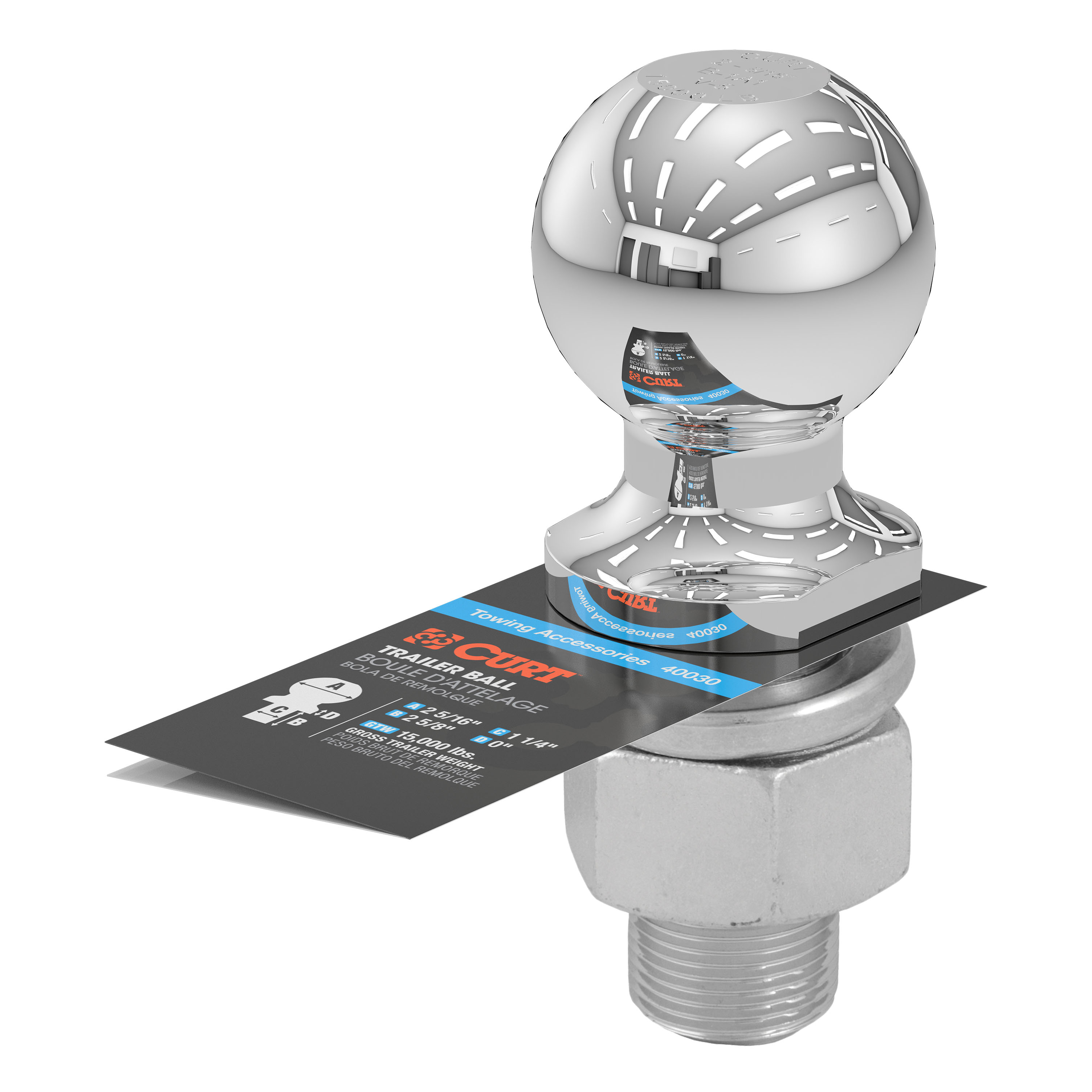 CURT 2-5/16" Trailer Ball (1-1/4" x 2-5/8" Shank, 15,000 lbs., Chrome) Trailer Hitch Ball thumbnail 2