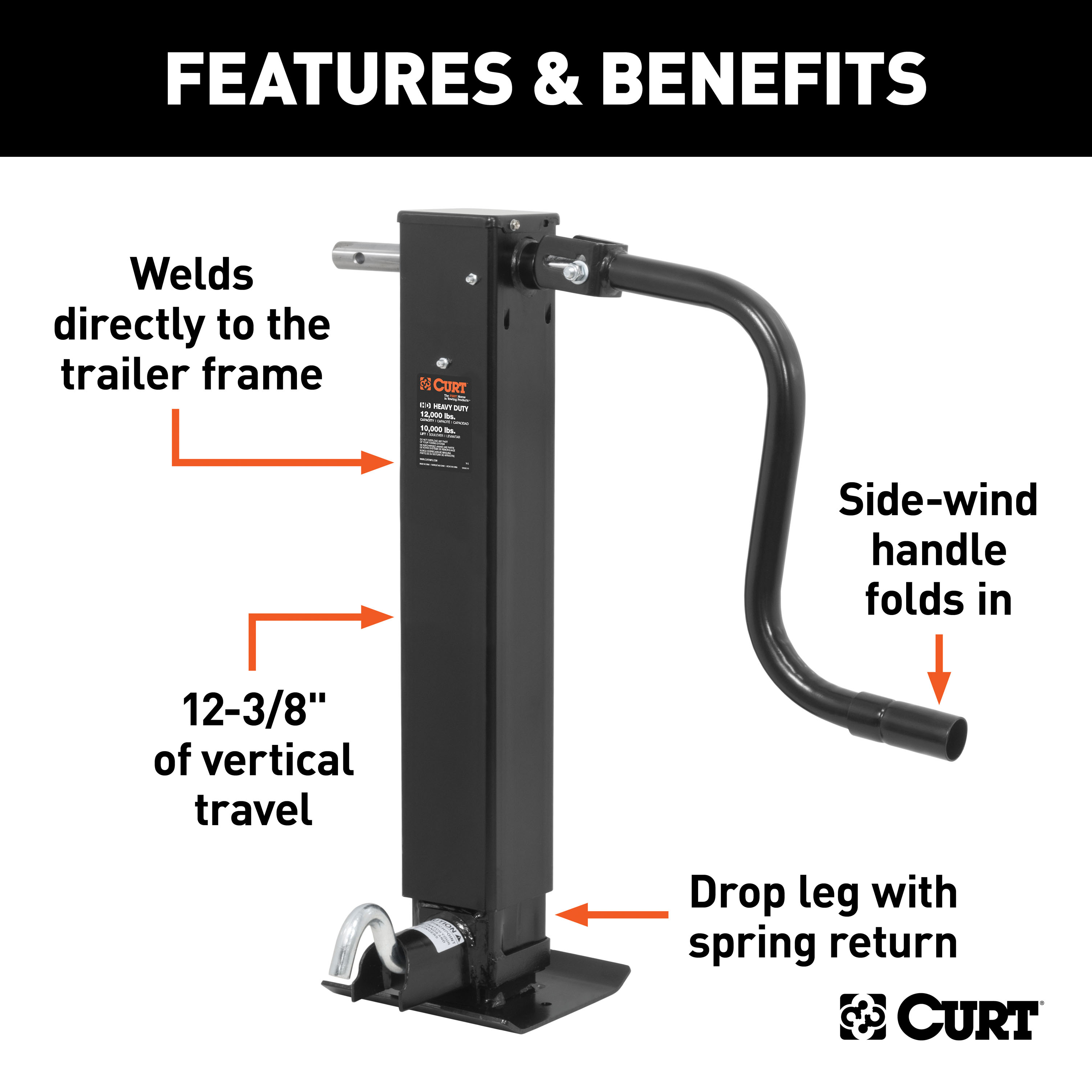 CURT Direct-Weld Square Jack with Side Handle (12,000 lbs, 12-1/2" Travel) Trailer Jack thumbnail 1