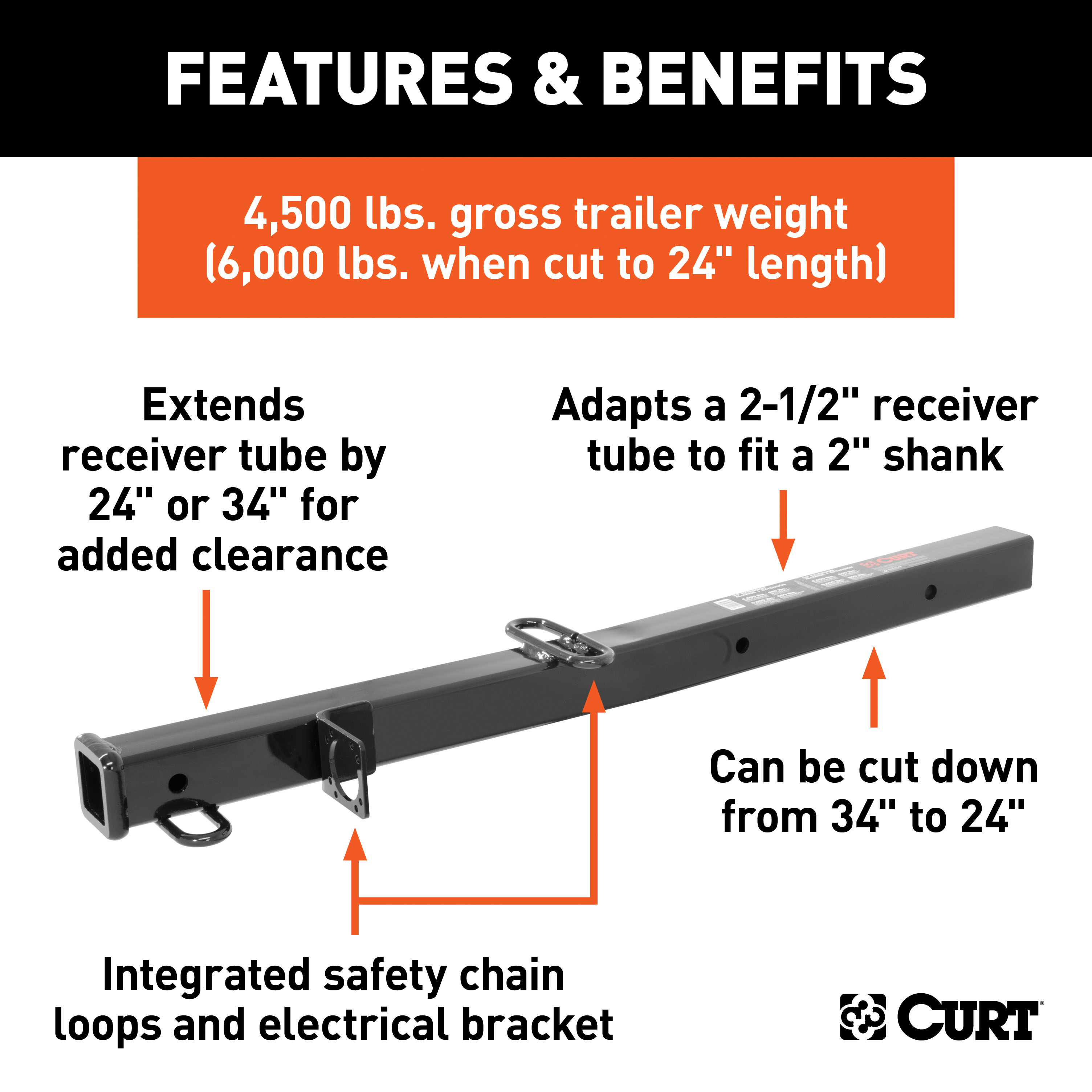 CURT Receiver Tube Adapter (2-1/2" to 2" Shank, 4,500 lbs. GTW, 34" Length) Trailer Hitch Receiver Tube Adapter thumbnail 1