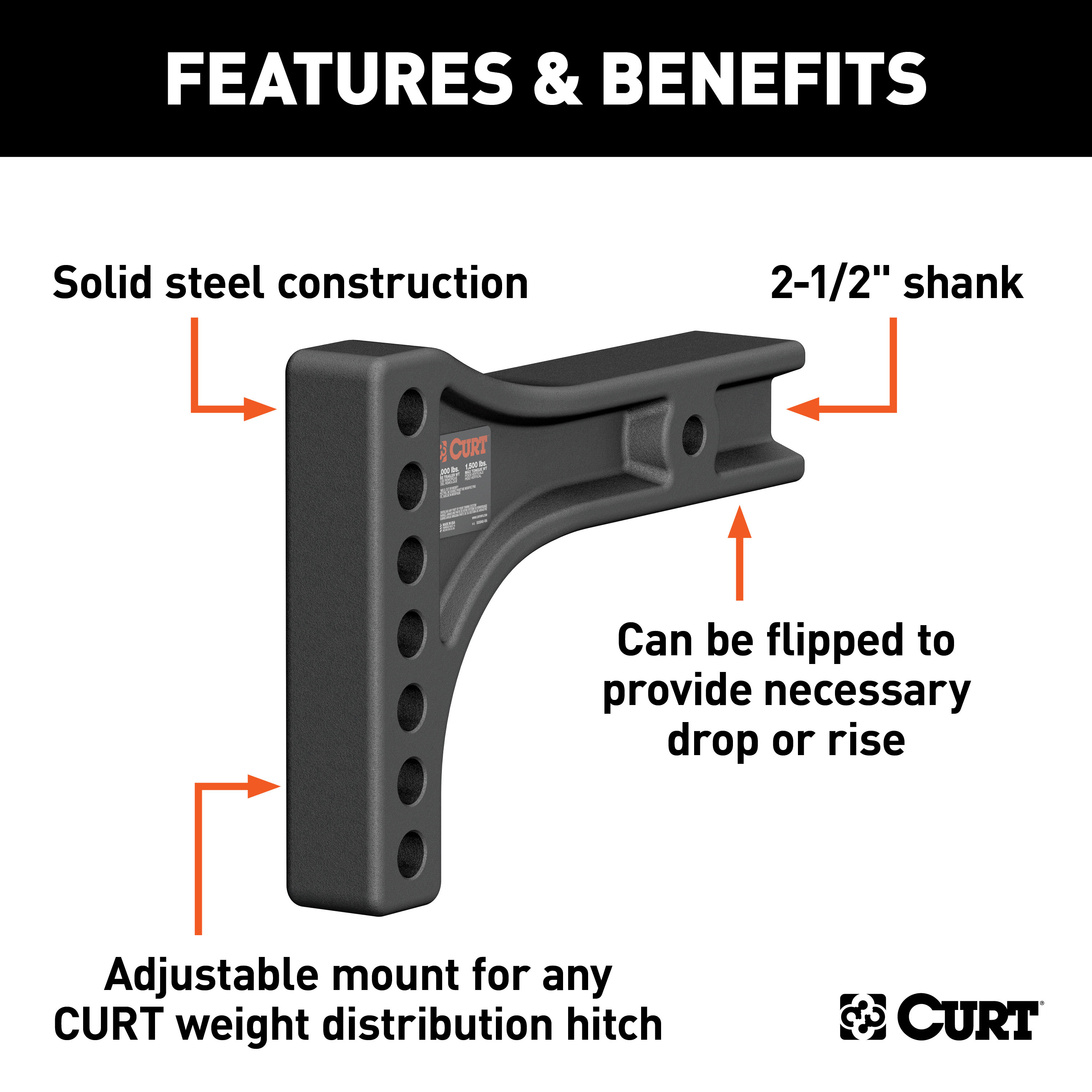 CURT Weight Distribution Shank (2-1/2" Shank, 2" Drop, 6" Rise) Trailer Hitch thumbnail 1