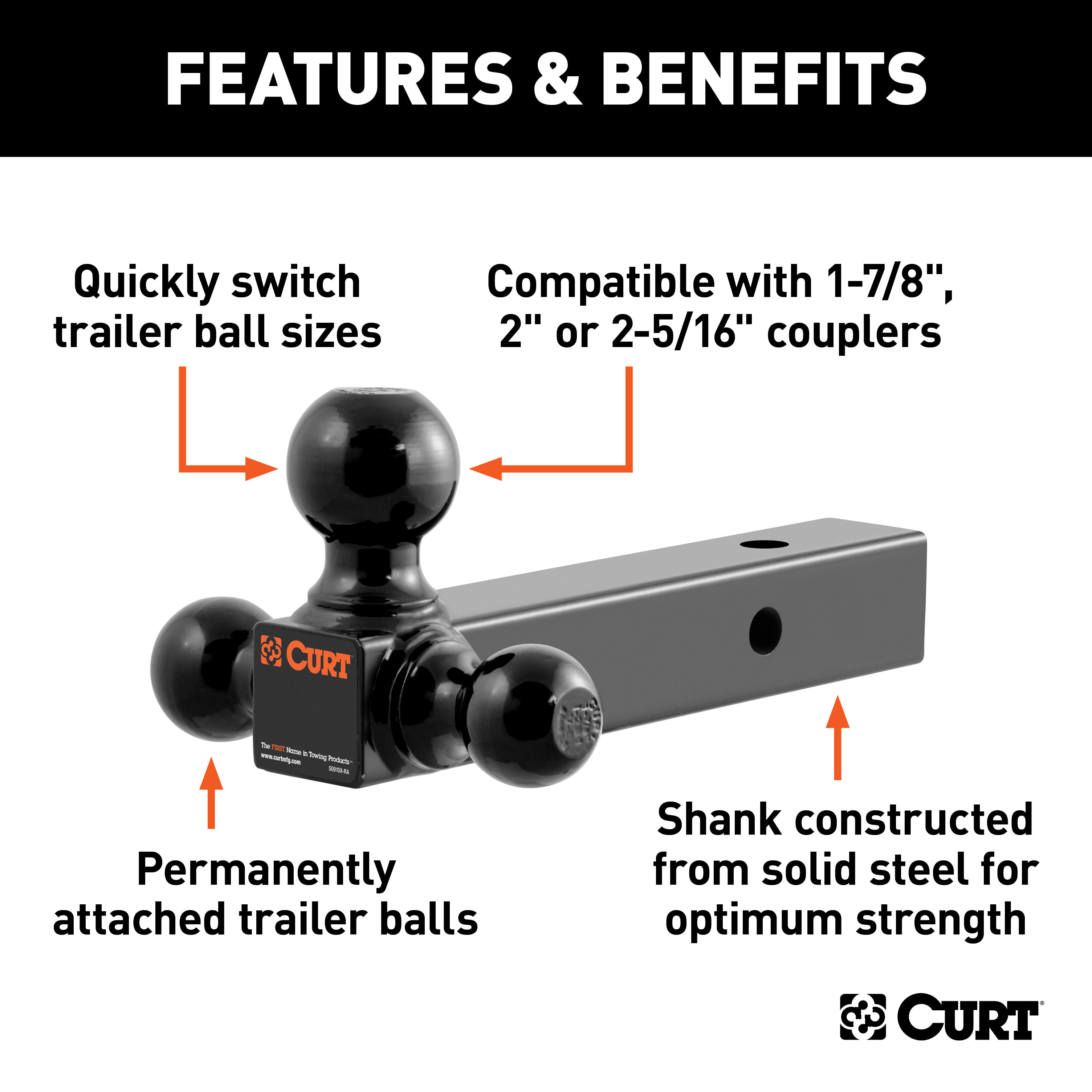 CURT Multi-Ball Mount (2" Solid Shank, 1-7/8", 2" & 2-5/16" Black Balls) Trailer Hitch Ball Mount thumbnail 1