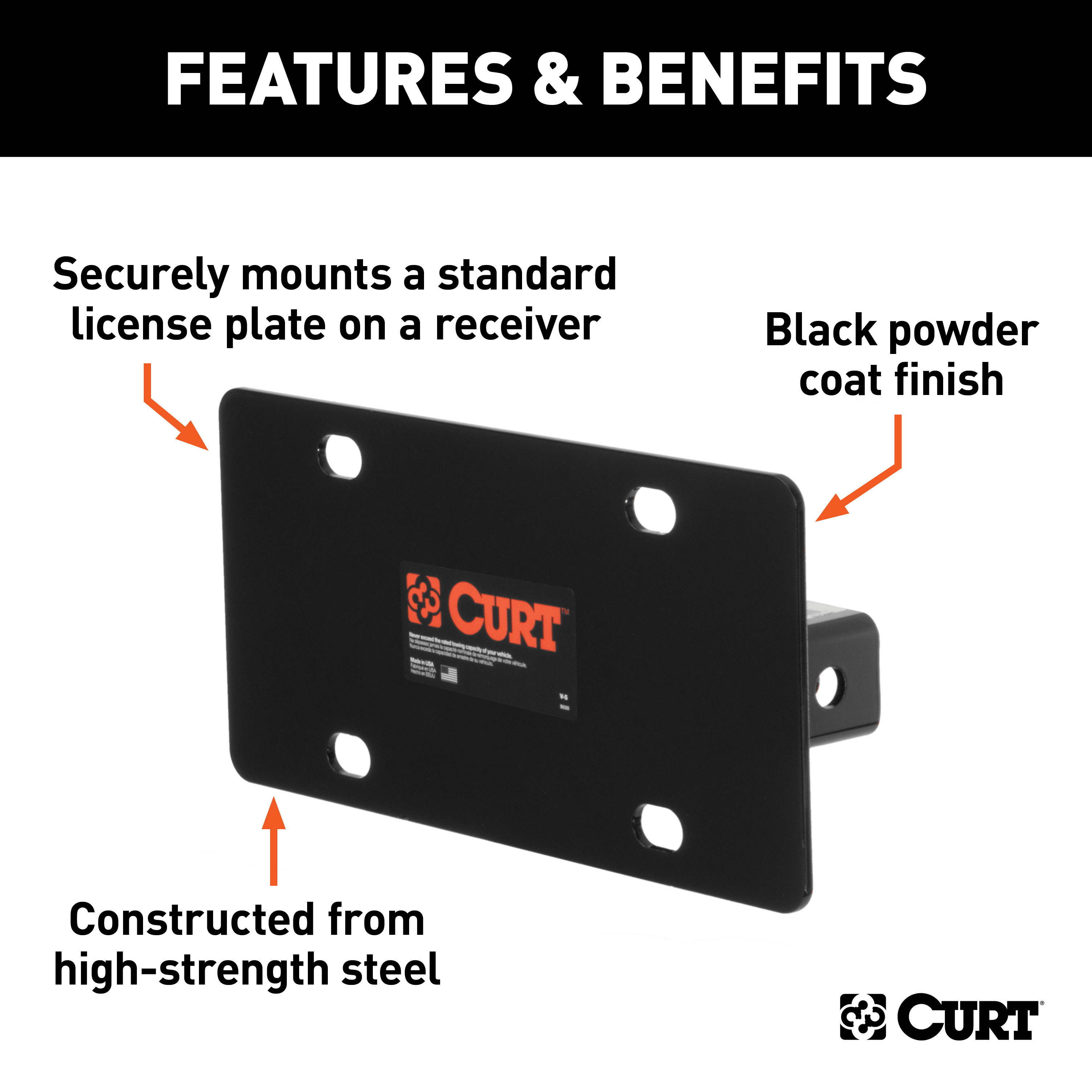CURT Hitch-Mounted License Plate Holder (Fits 2" Receiver) License Plate Bracket thumbnail 1