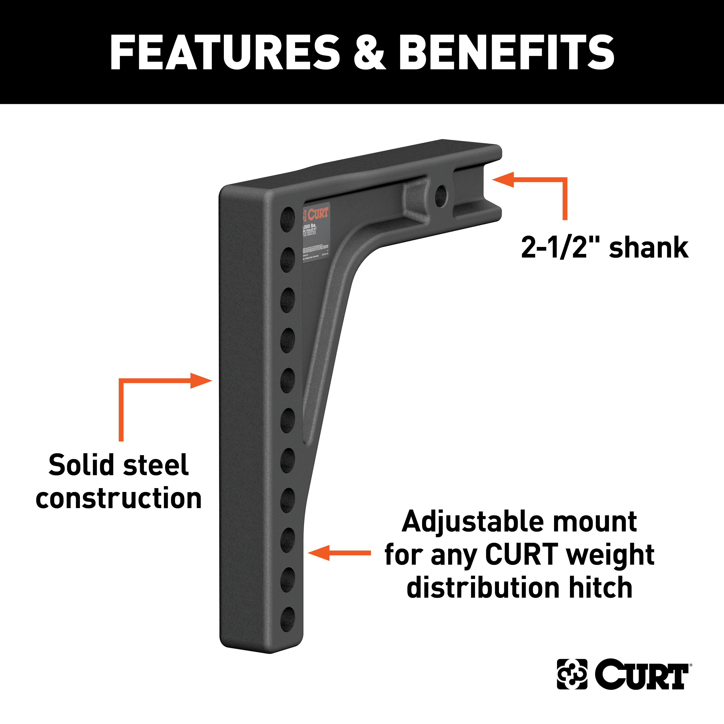 CURT Weight Distribution Shank (2-1/2" Shank, 8" Drop) Trailer Hitch thumbnail 1