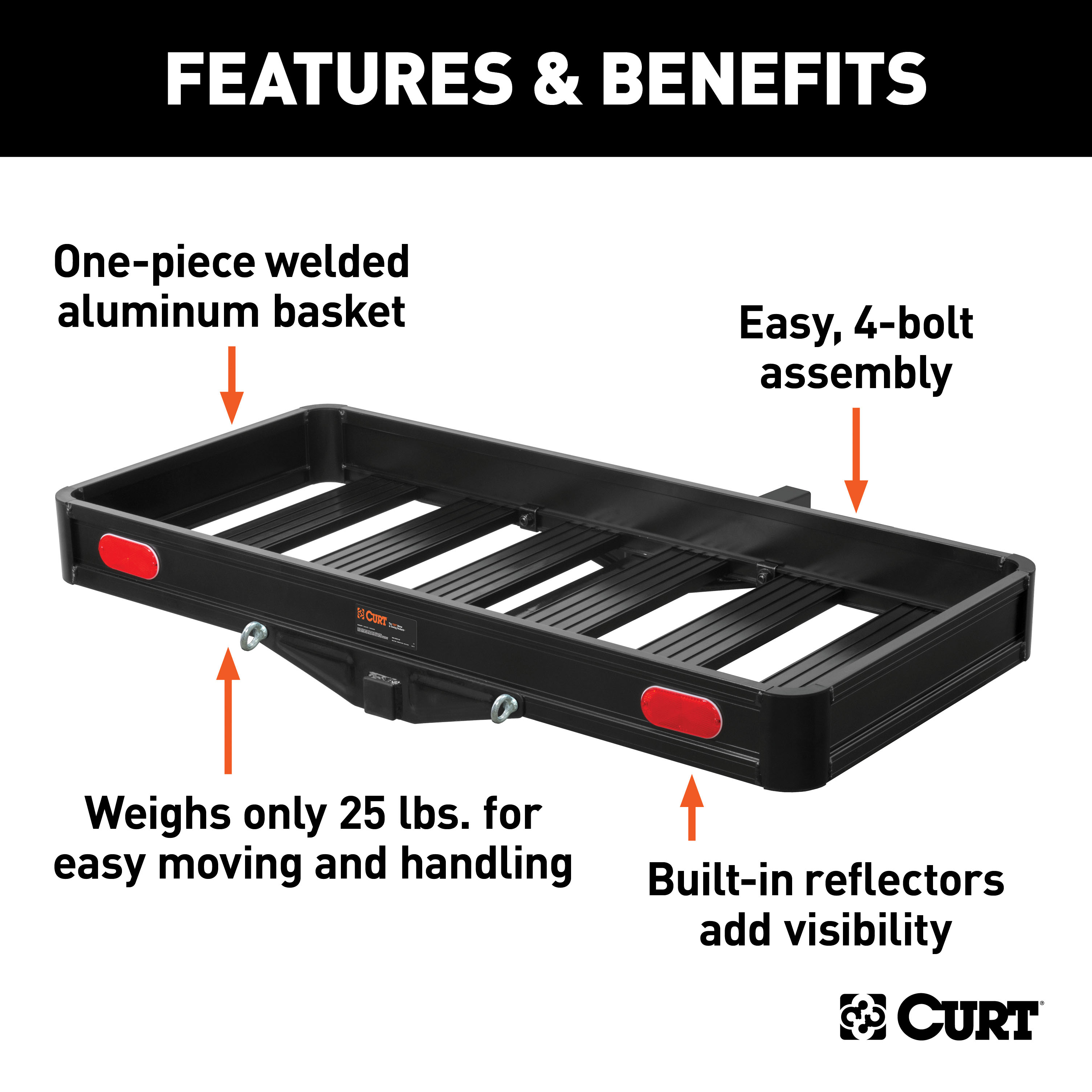CURT 49" x 22" Black Aluminum Basket Cargo Carrier (Fixed 2" Shank, 500 lbs.) Cargo Carrier thumbnail 1