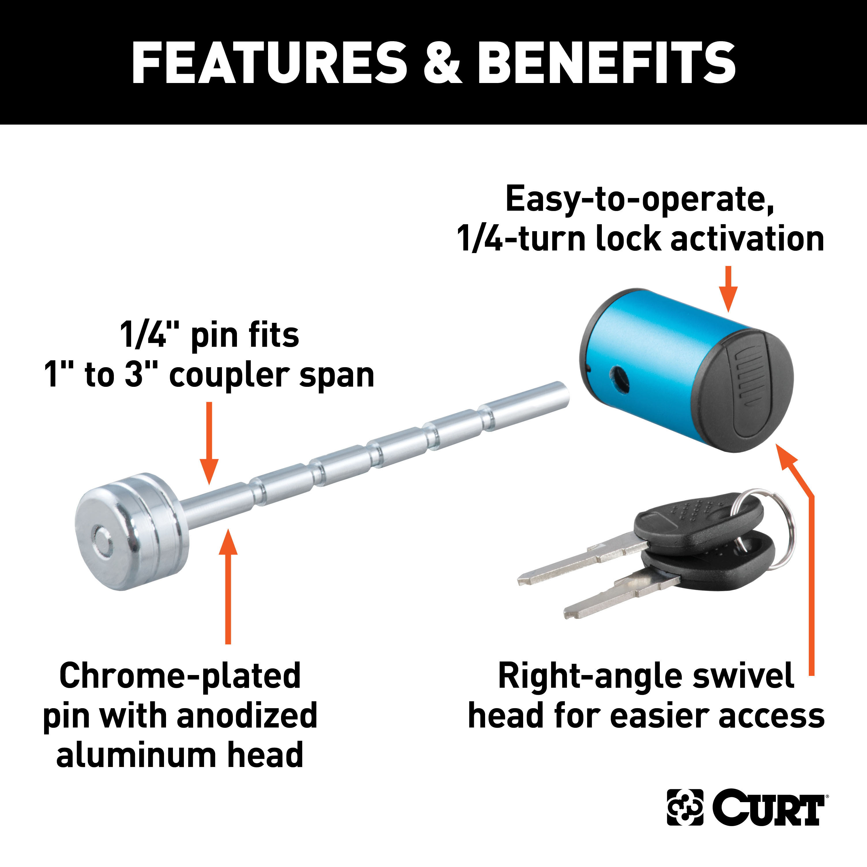 CURT Coupler Lock (1/4" Pin, 1" to 3" Latch Span, Right-Angle, Chrome) Trailer Hitch Lock thumbnail 1