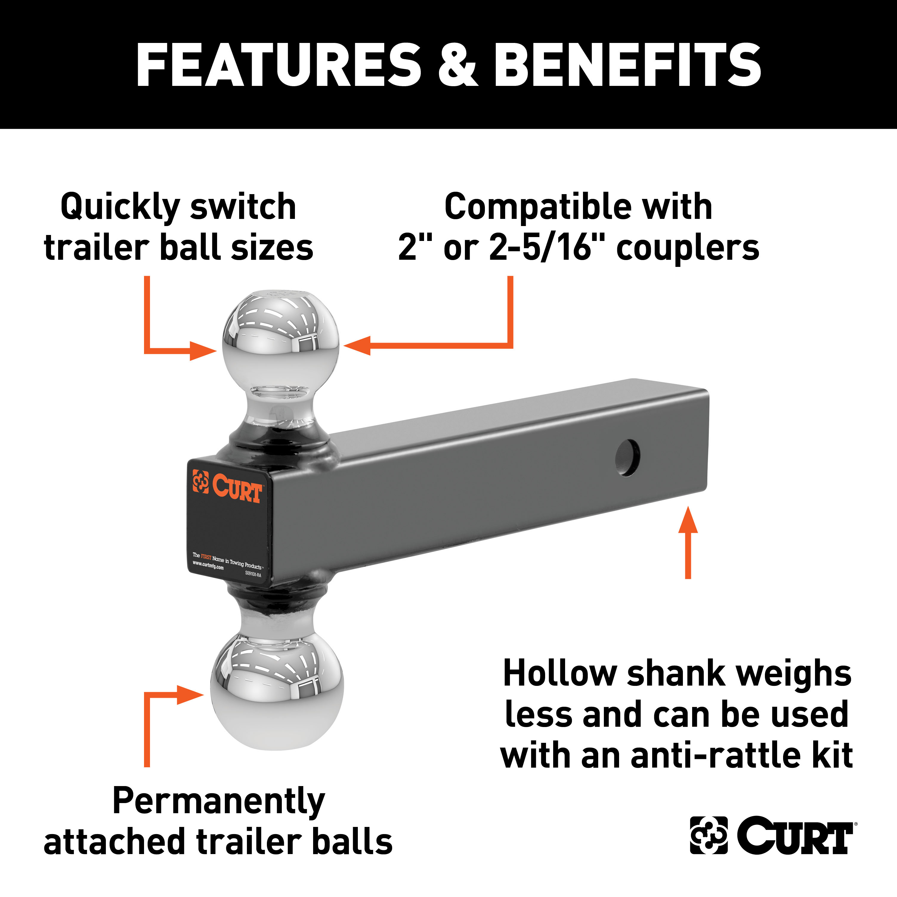 CURT Multi-Ball Mount (2" Hollow Shank, 2" & 2-5/16" Chrome Balls) Trailer Hitch Ball Mount thumbnail 1