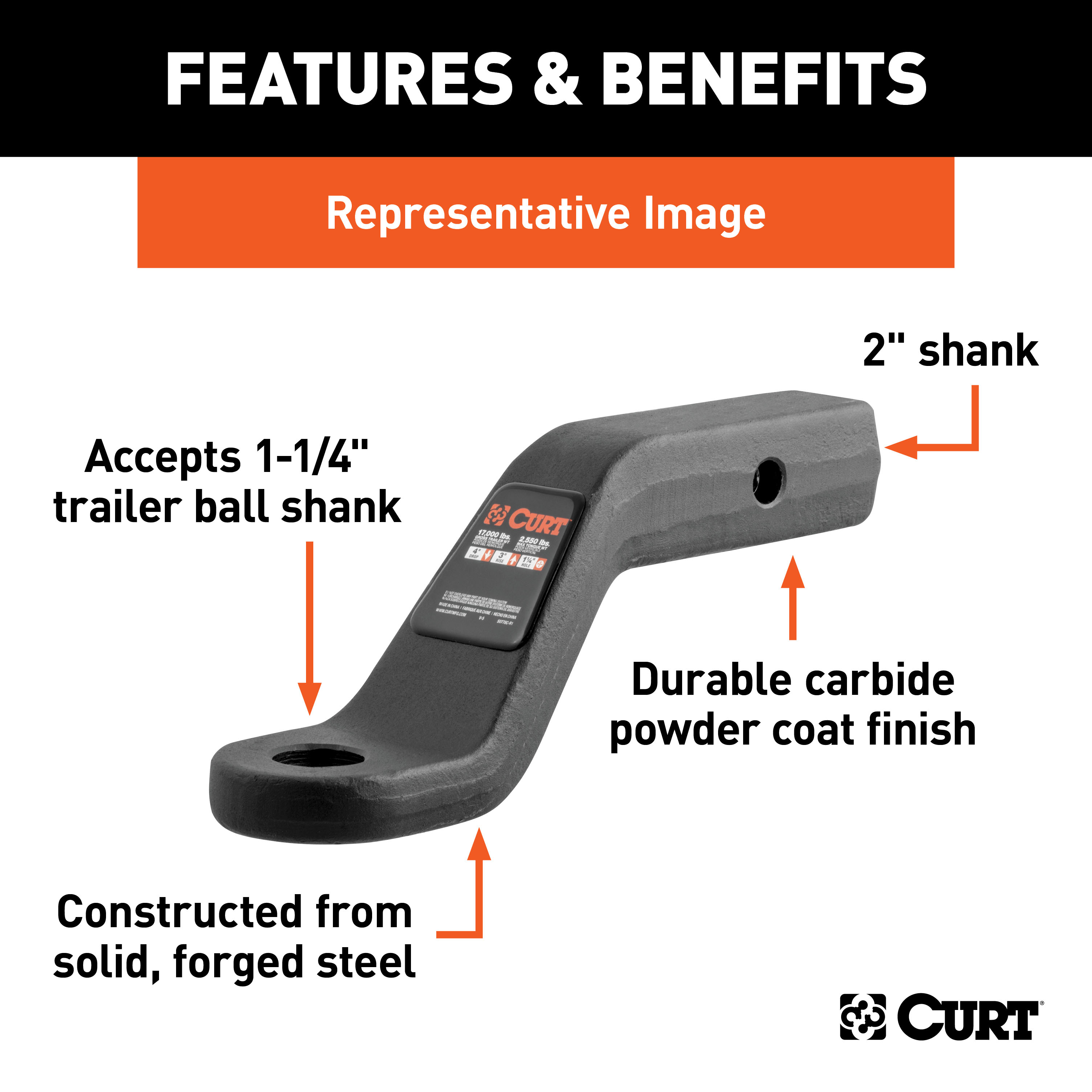 CURT Forged Ball Mount (2" Shank, 17,000 lbss., 4" Drop, 8-1/2" Long) Trailer Hitch Ball Mount thumbnail 3