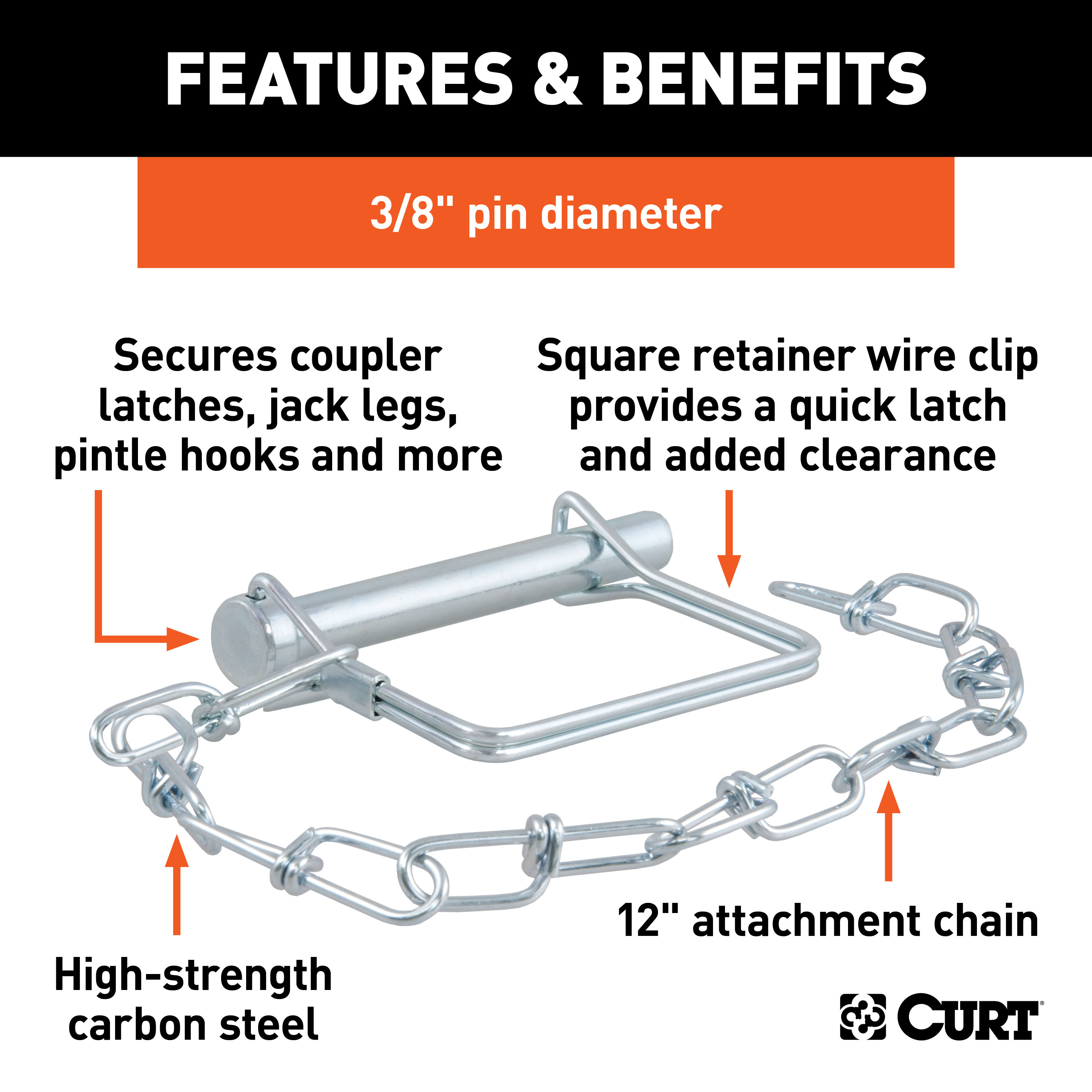 CURT 3/8" Safety Pin with 12" Chain (2-3/4" Pin Length) Trailer Hitch Lock thumbnail 1