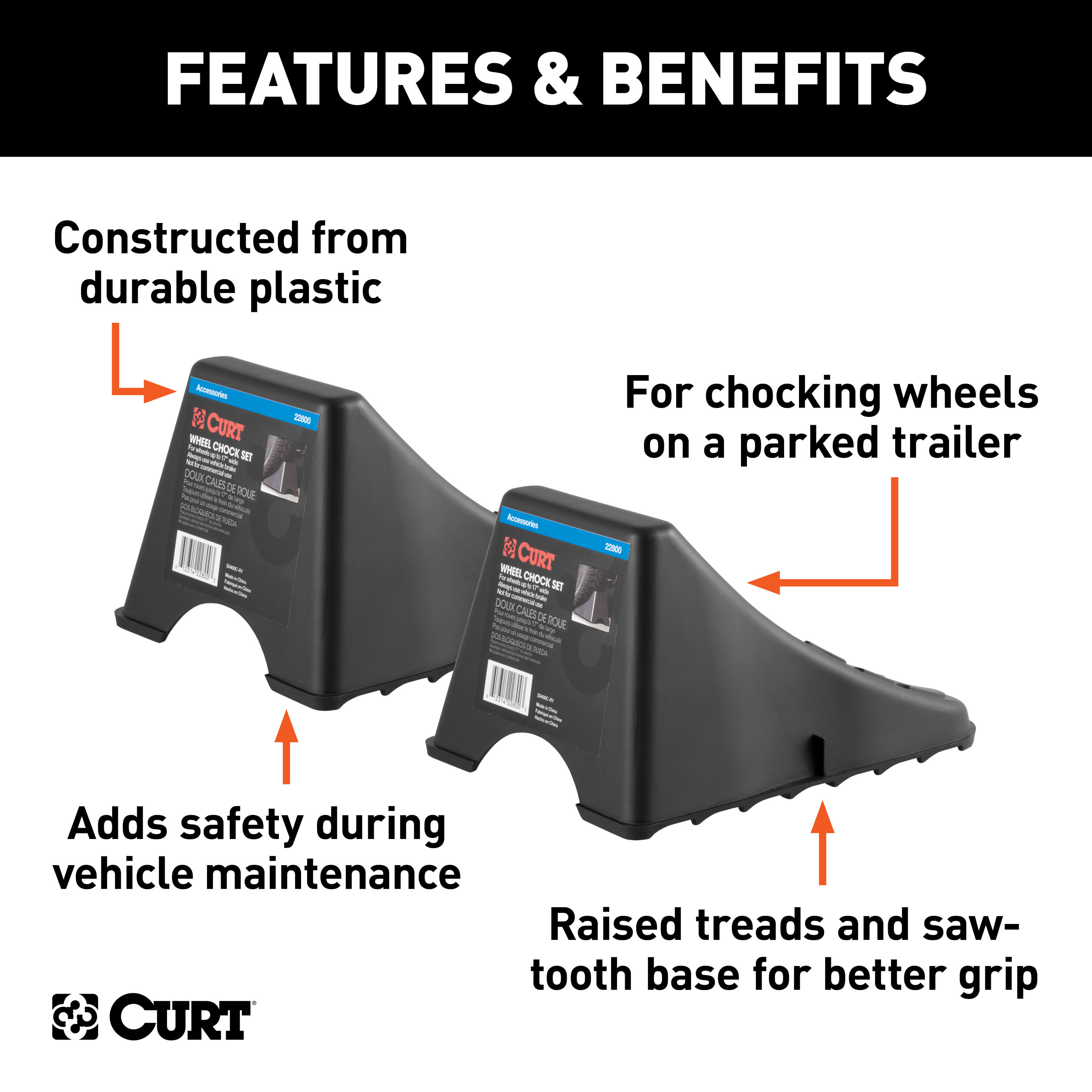 CURT Wheel Chock Set (Up to 17" Wide Wheels) Wheel Chock thumbnail 1