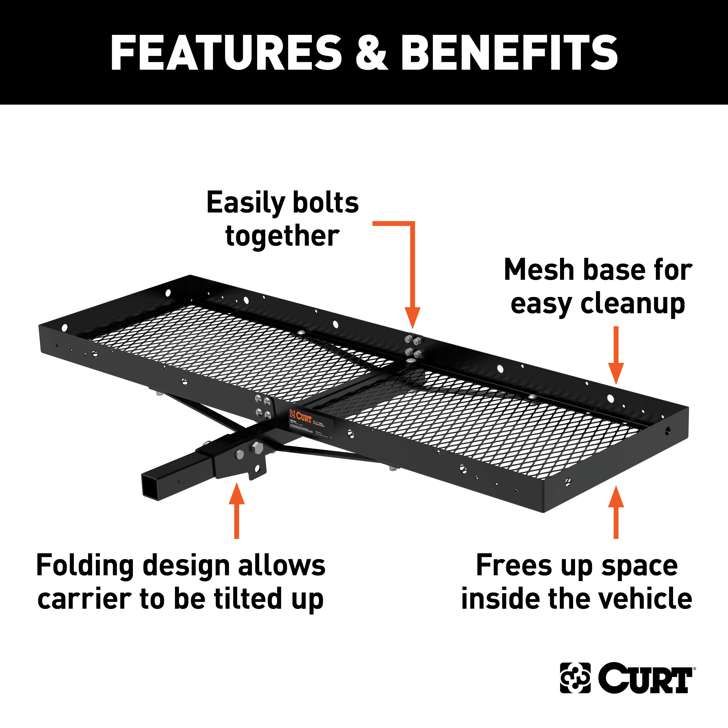 CURT 60" x 20" Black Steel Tray Cargo Carrier (Folding 2" Shank, 500 lbs.) Receiver Hitch Mounted Cargo Carrier thumbnail 1