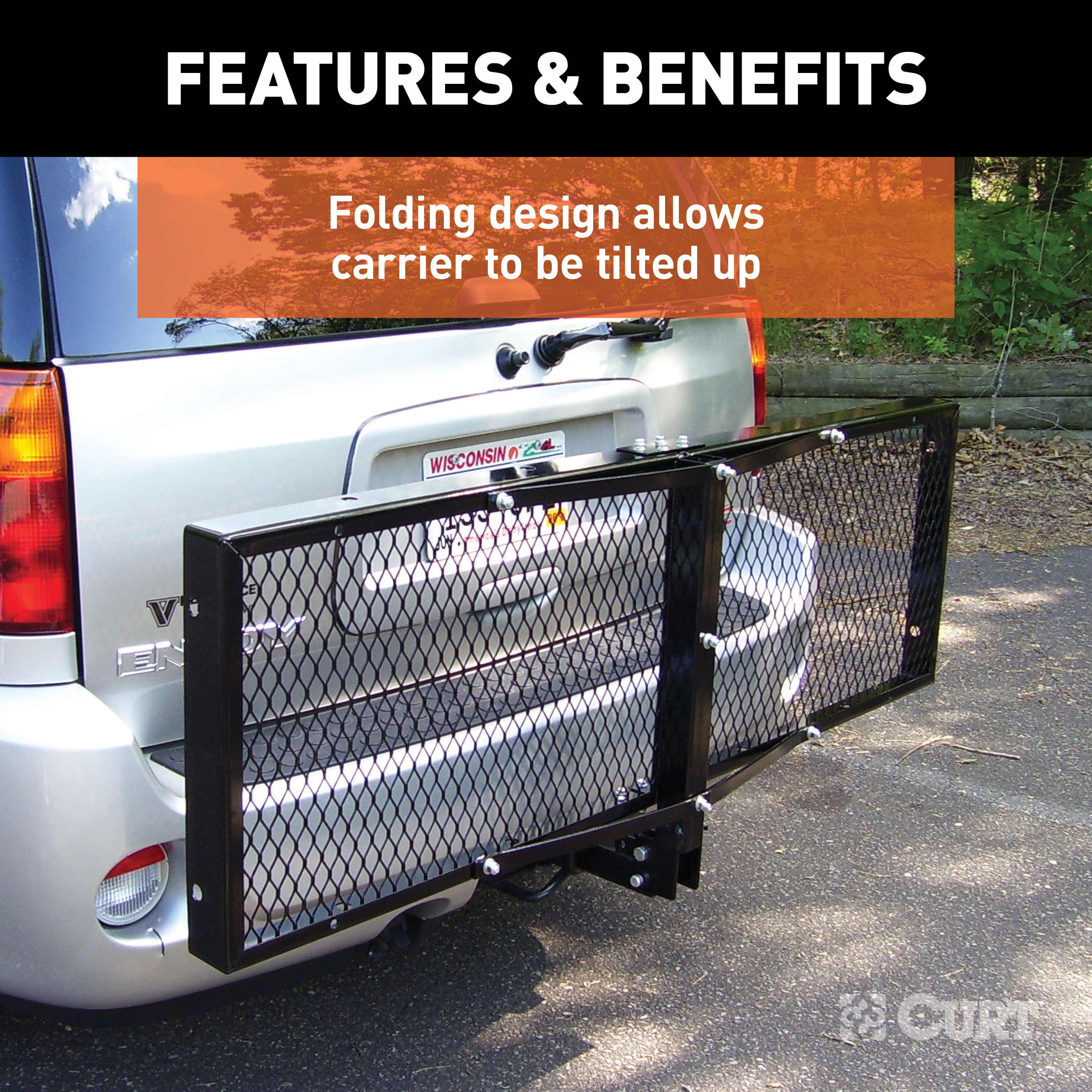 CURT 60" x 20" Black Steel Tray Cargo Carrier (Folding 2" Shank, 500 lbs.) Receiver Hitch Mounted Cargo Carrier thumbnail 4