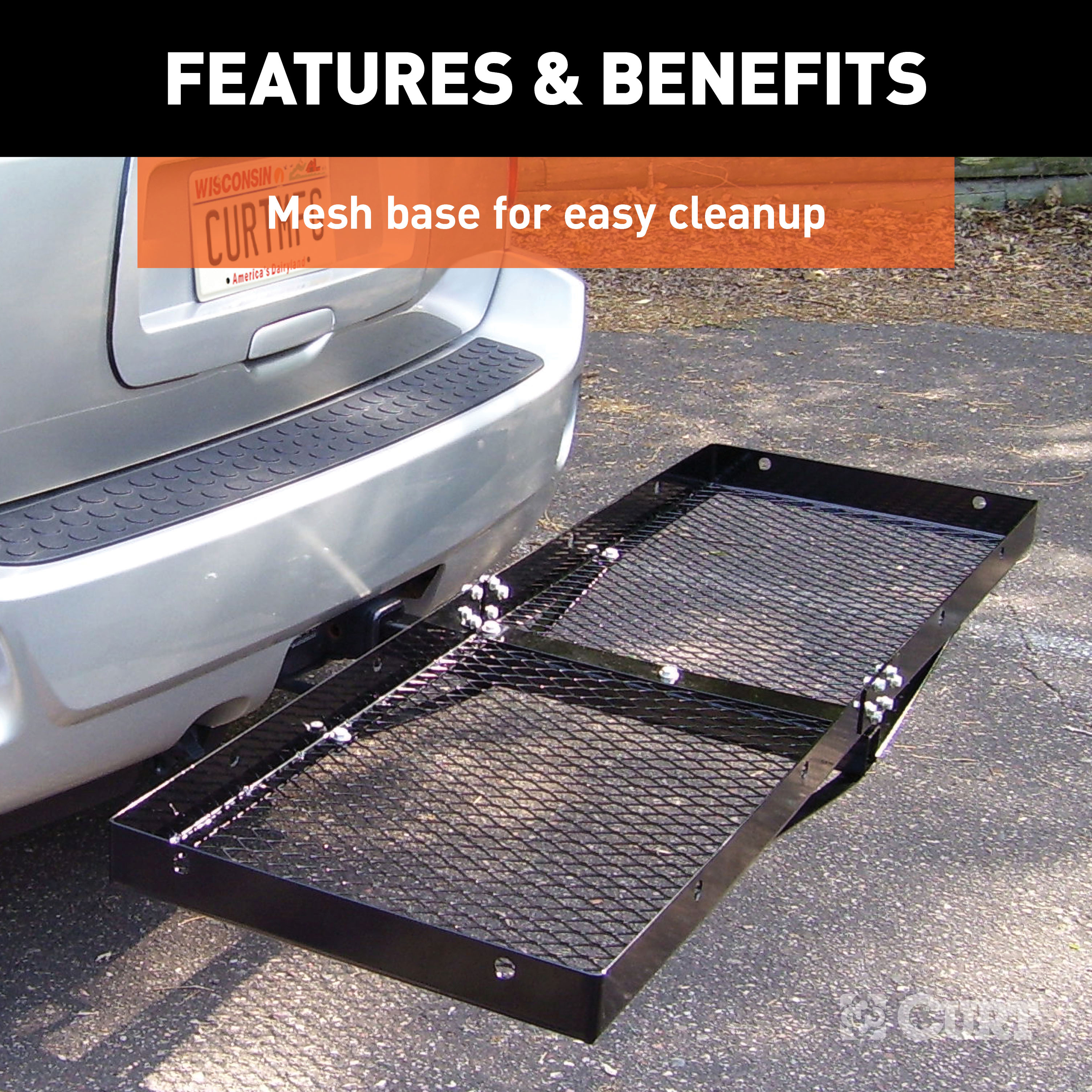 CURT 60" x 20" Black Steel Tray Cargo Carrier (Folding 2" Shank, 500 lbs.) Receiver Hitch Mounted Cargo Carrier thumbnail 5