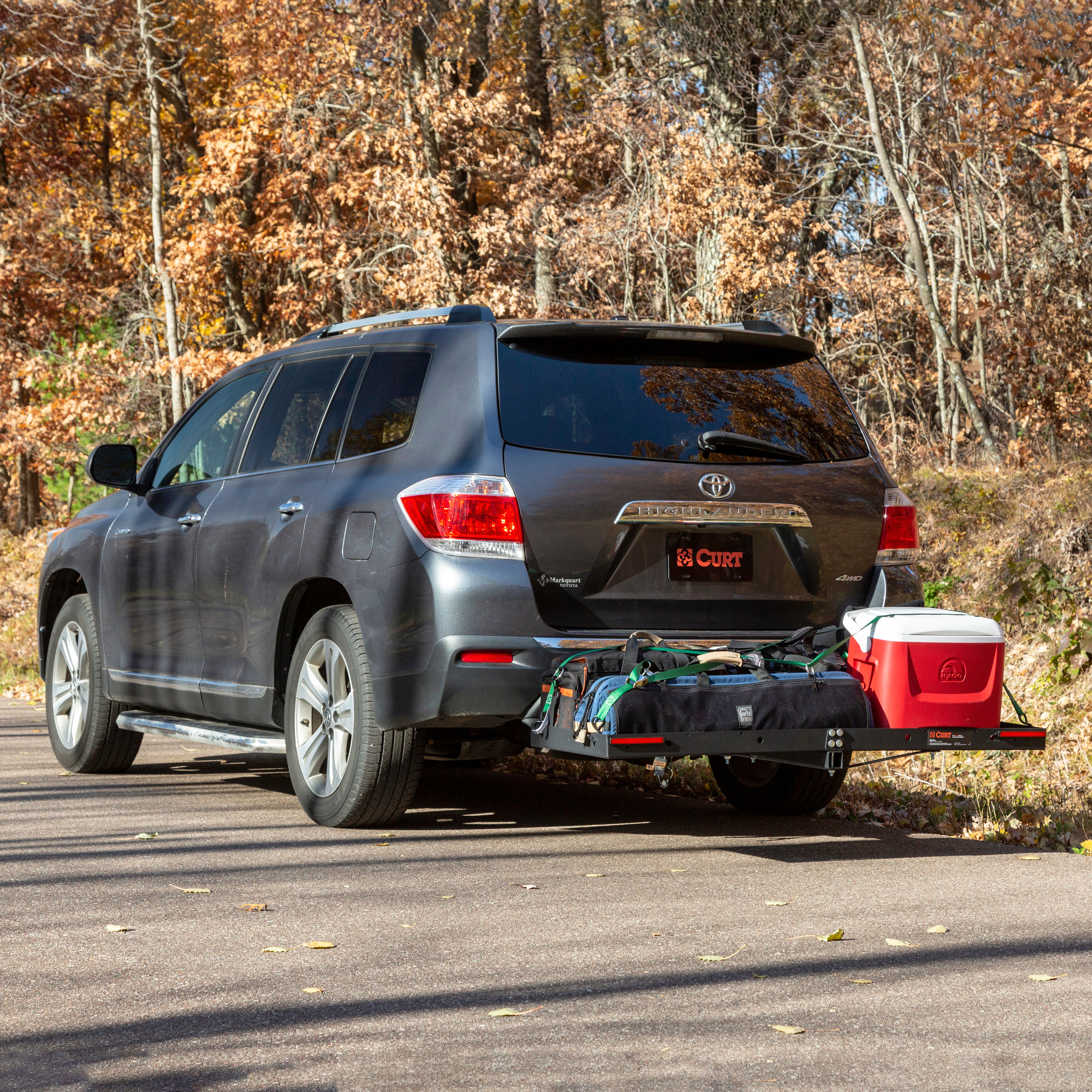 CURT 60" x 20" Black Steel Tray Cargo Carrier (Folding 2" Shank, 500 lbs.) Receiver Hitch Mounted Cargo Carrier thumbnail 7